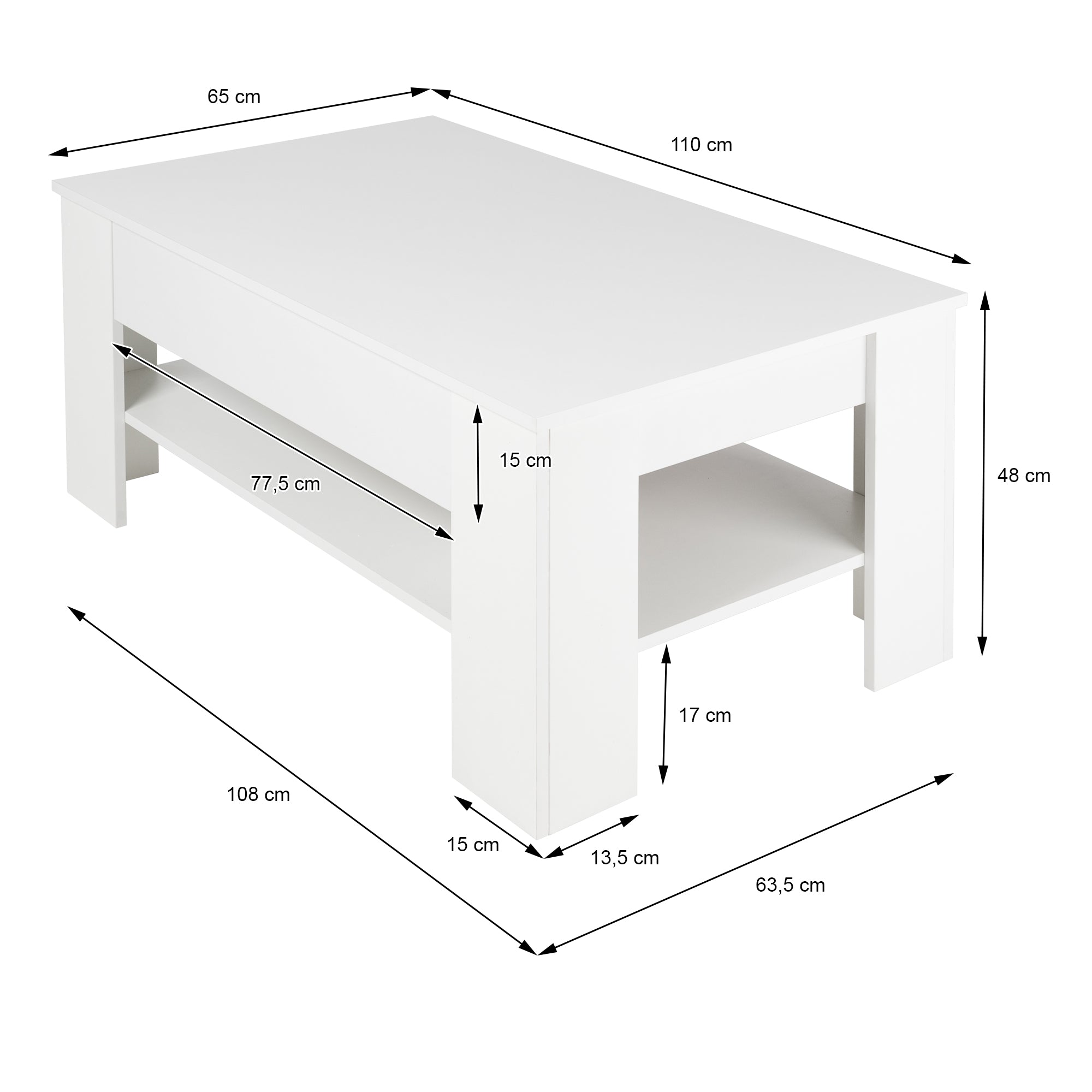 ML-Design Table basse blanche 110x65x48 tiroir et niche