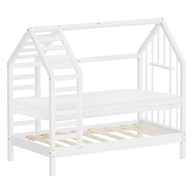 ECD Germany Kinder Lit Cabane 70x140 cm Blanc + Matelas