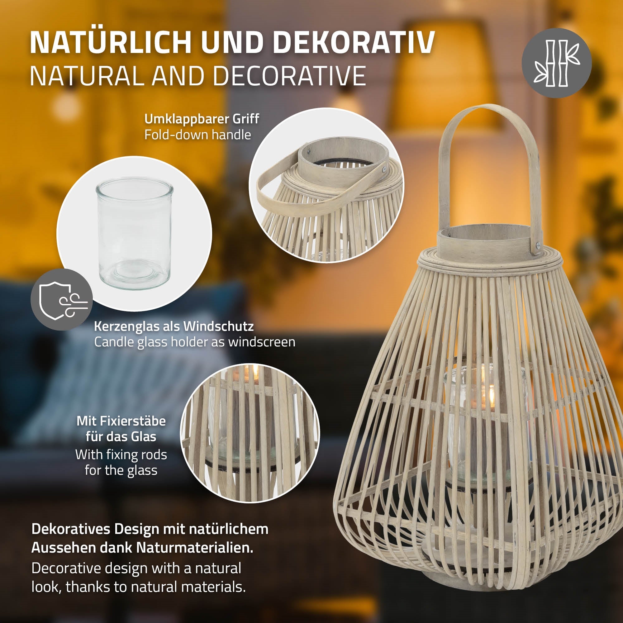 ECD Germany Garten lanterne bambou carrée 42,5 cm avec anse