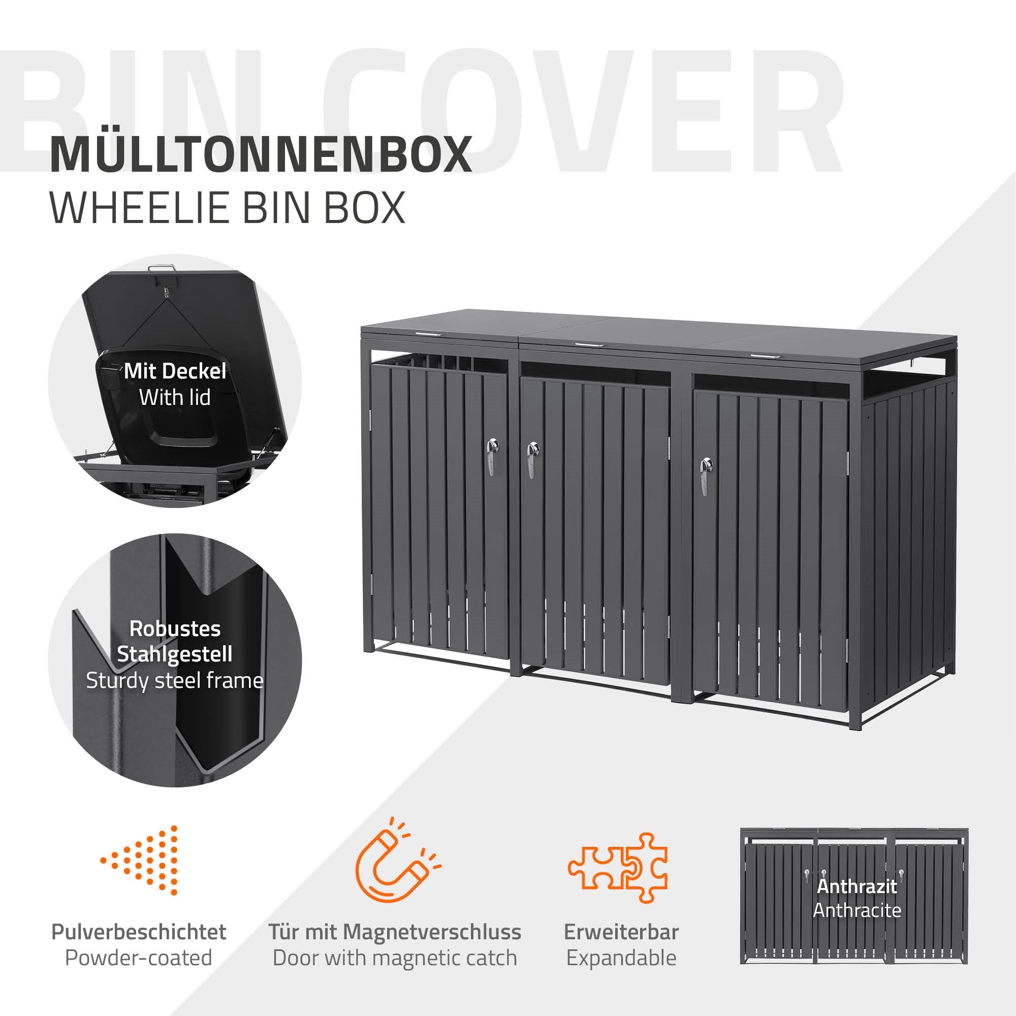 ECD Germany cache poubelle acier anthracite 3x240L 200x80 cm