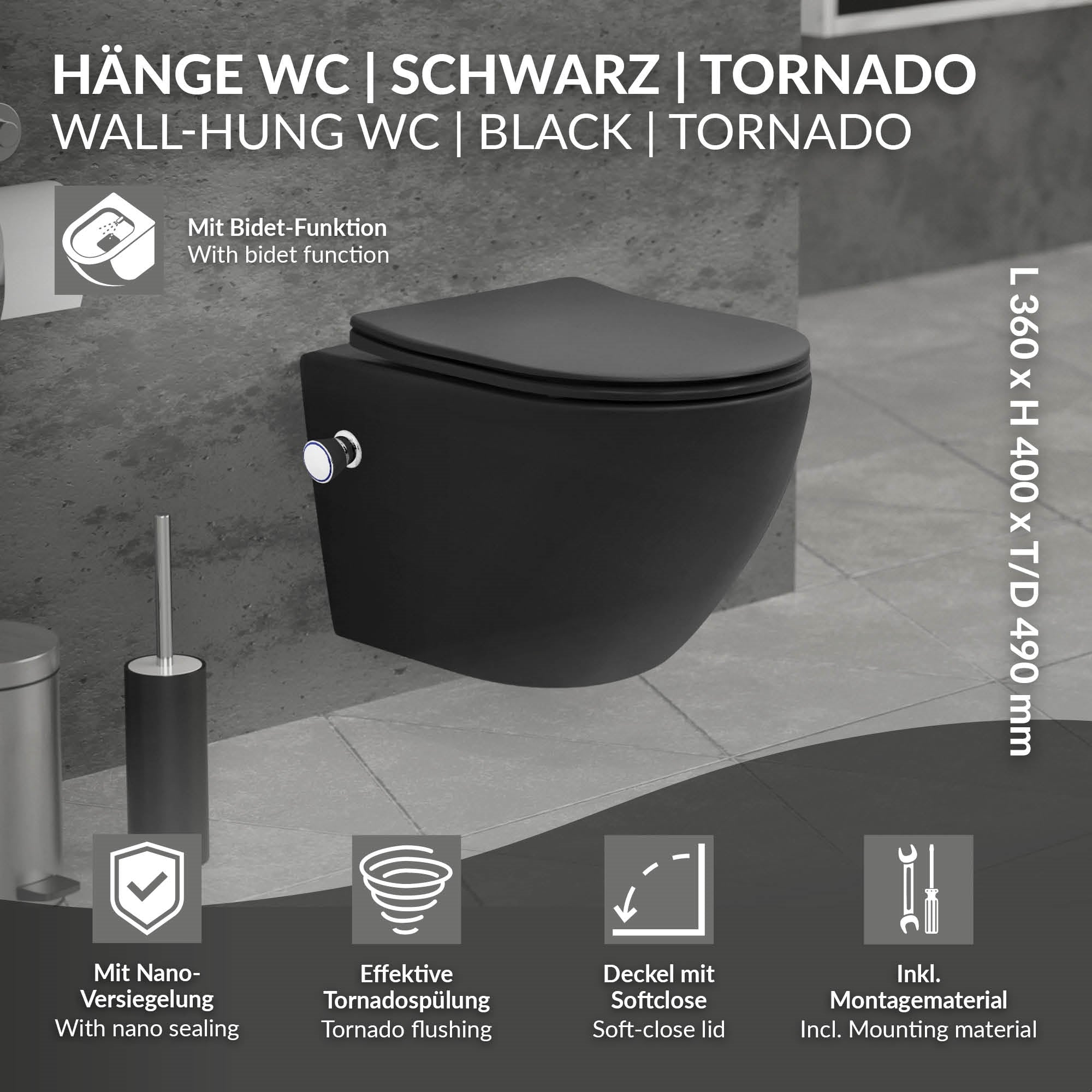 ECD Germany WC suspendu céramique noir mat 49 cm sans bride