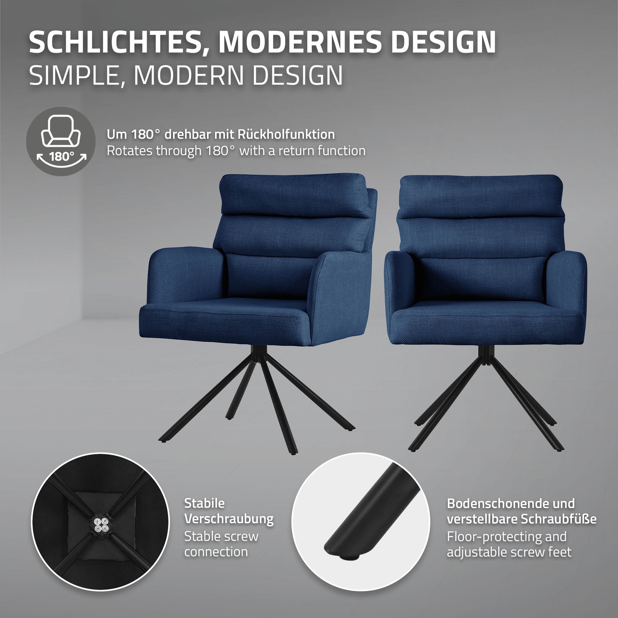 ECD Germany chaise salle à manger bleu foncé pivotante tissu