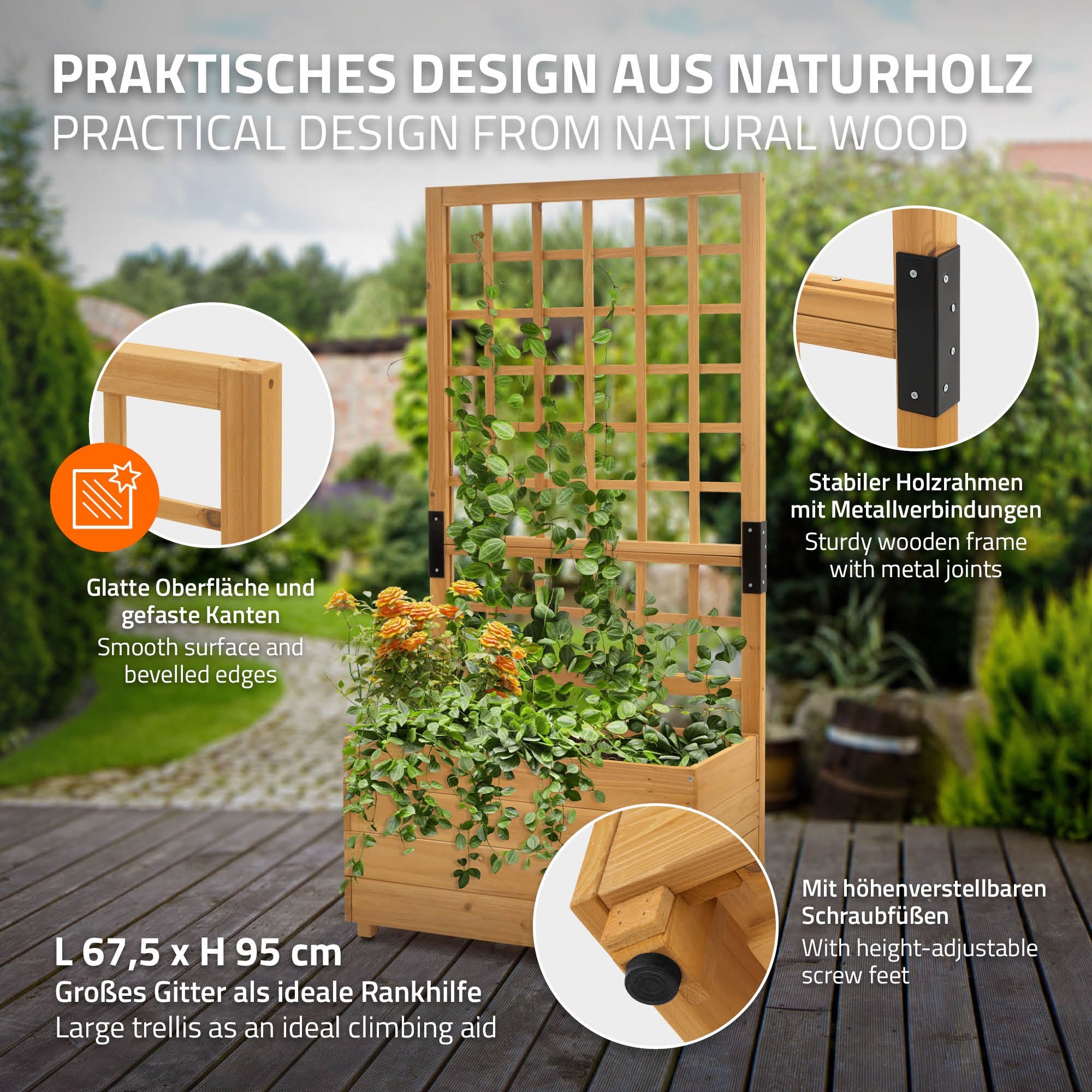 ECD Germany Garten Jardinière bois brun treillis 119cm à poser