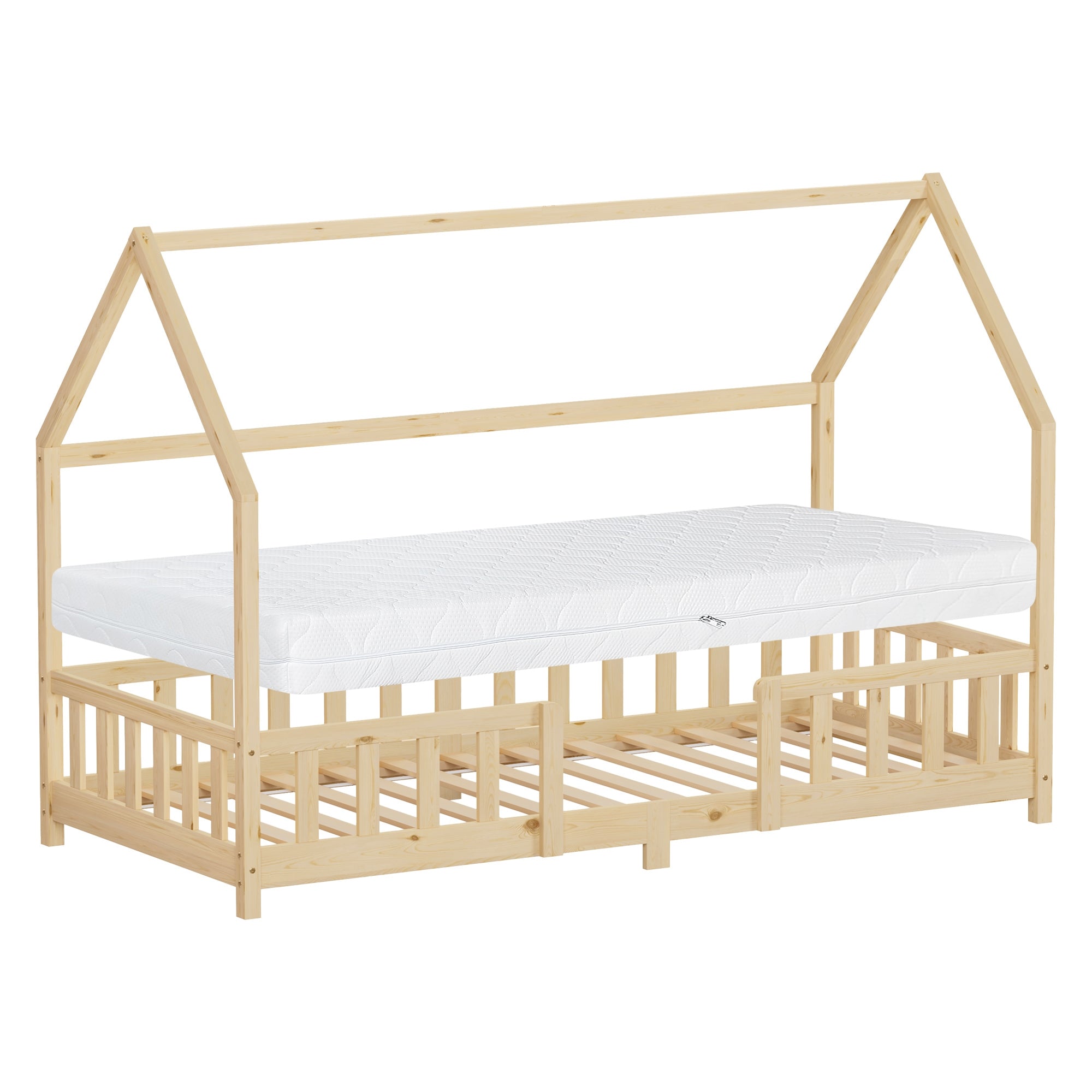 ECD Germany Kinder lit cabane 90x200 cm naturel avec matelas 16 cm