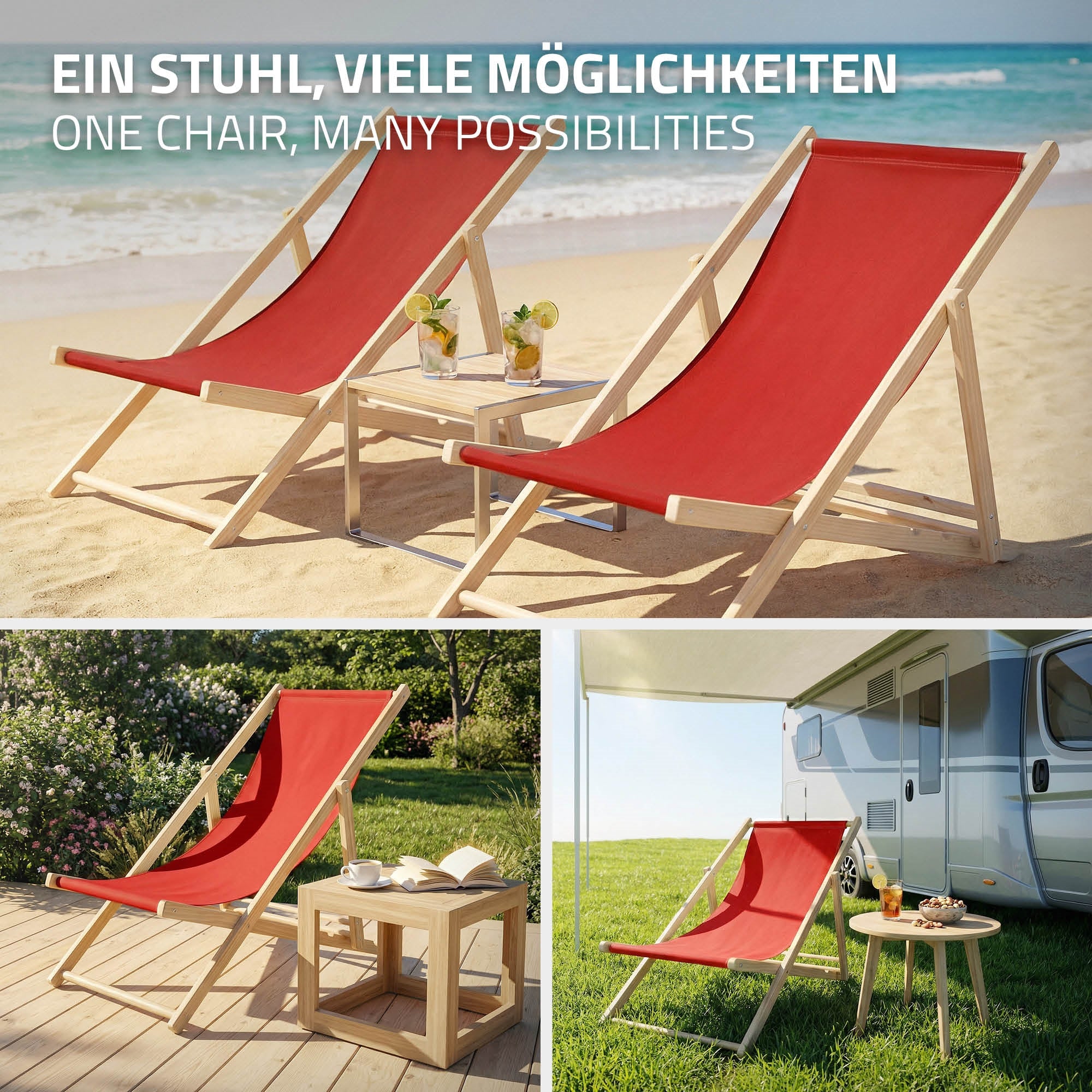 ECD Germany transat jardin bois rouge pliable 3 positions