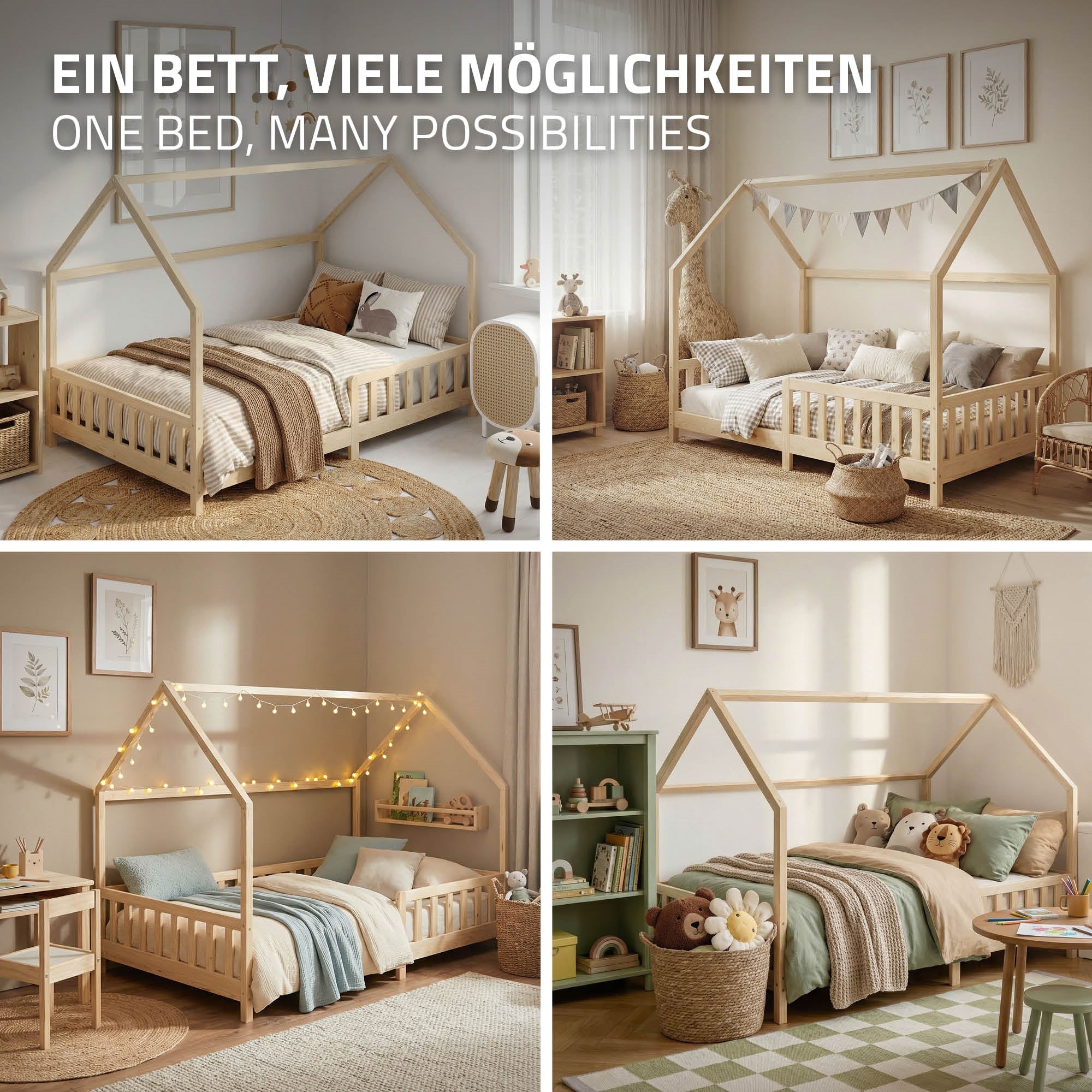 ECD Germany ML-Design lit cabane enfant 140x200 naturel + matelas