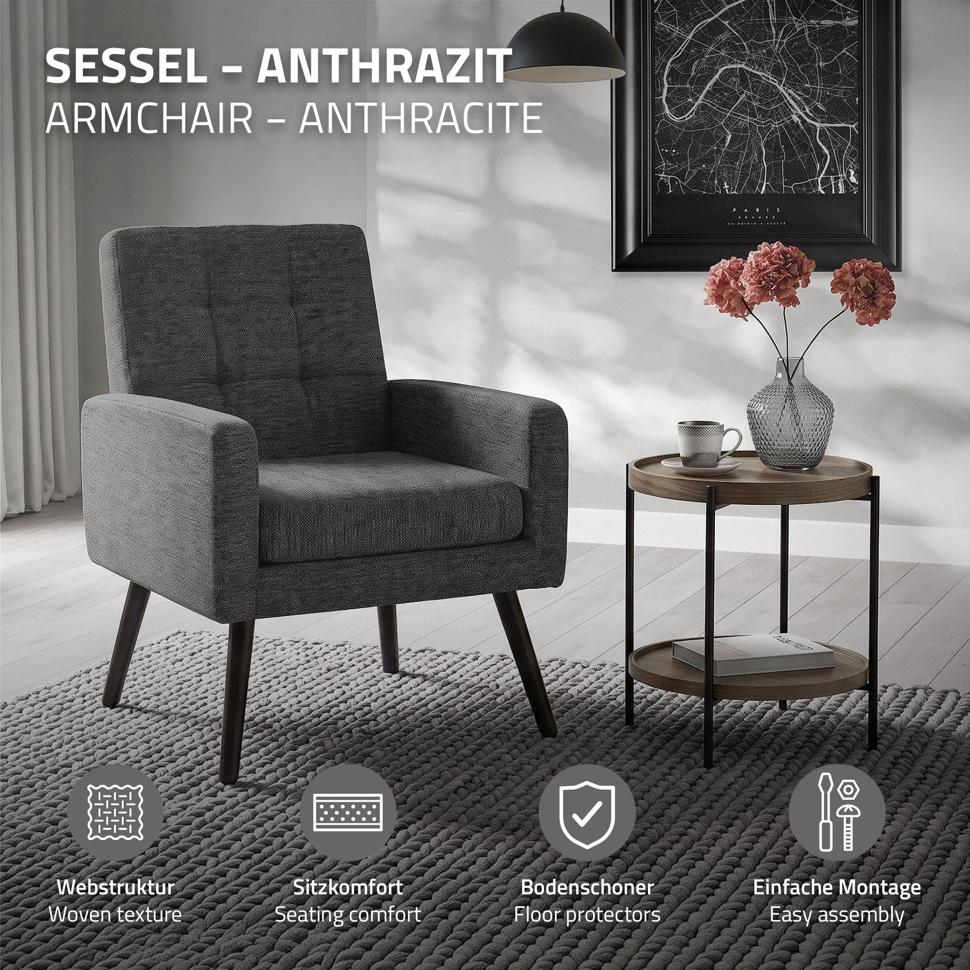 ML-Design fauteuil salon anthracite 66,5x80x63,5 tissu relax
