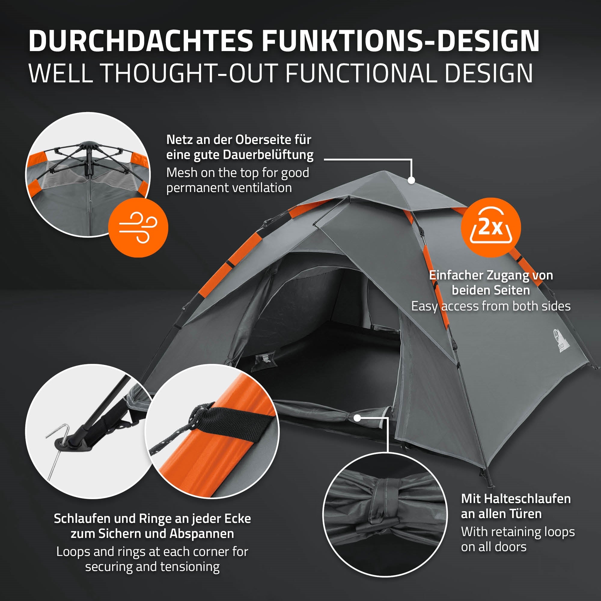 ECD Germany Tente pop-up camping 4 personnes grise double paroi