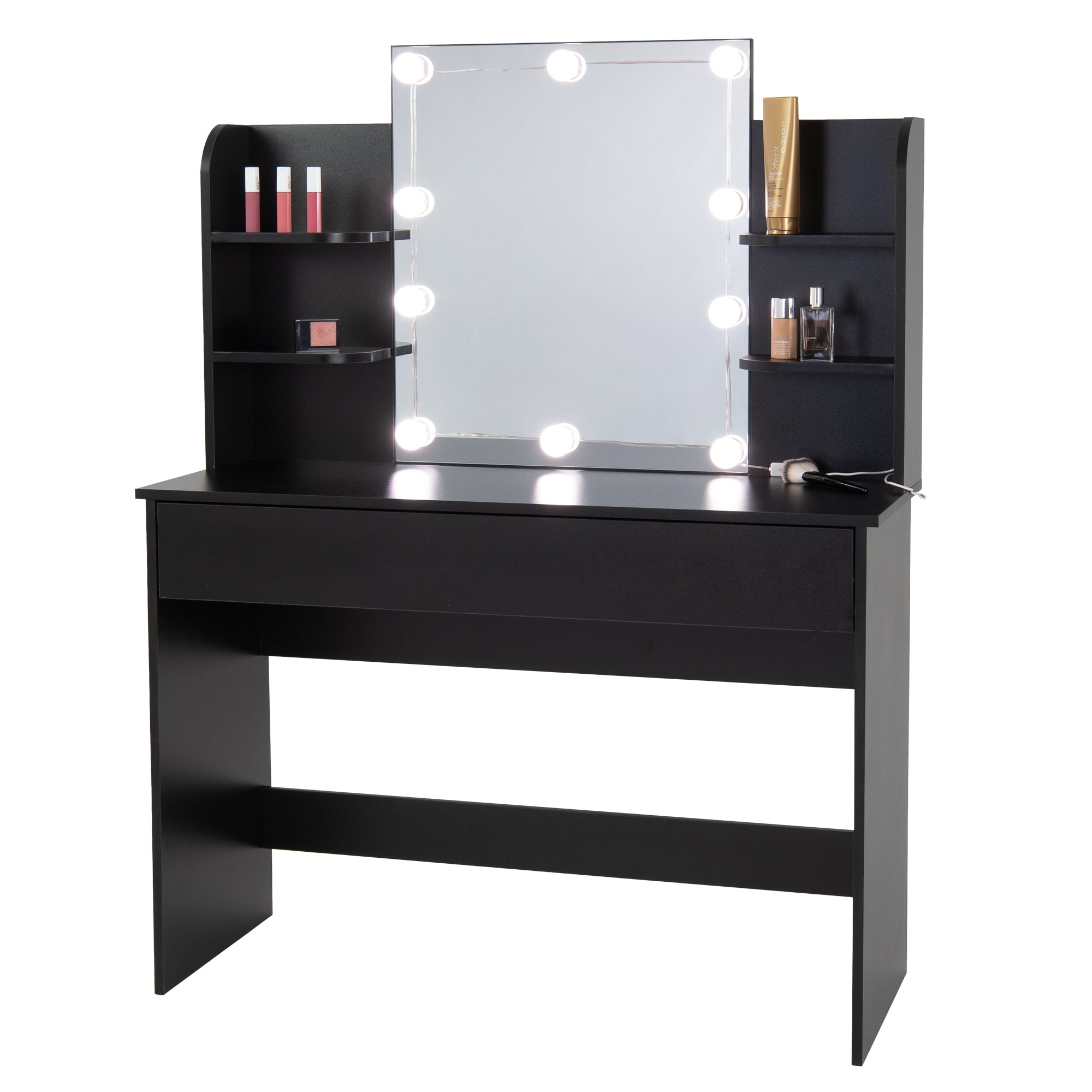 ECD Germany Meubles coiffeuse noire 108cm miroir LED + tabouret