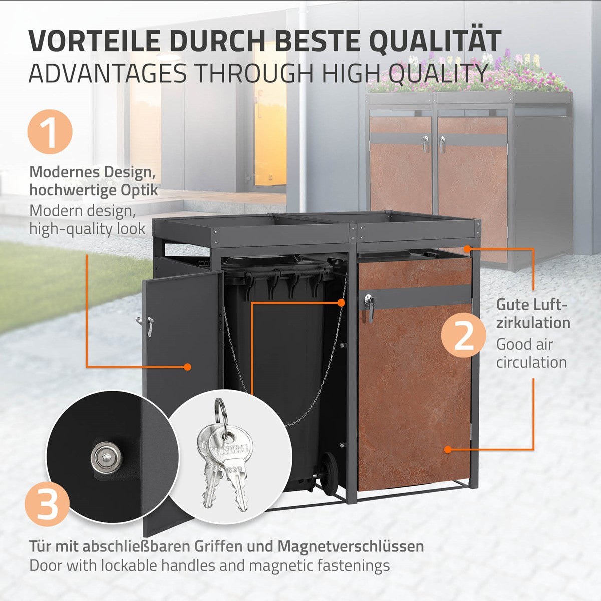 ECD Germany Garten cache-poubelles 4x240L rouille 264 cm