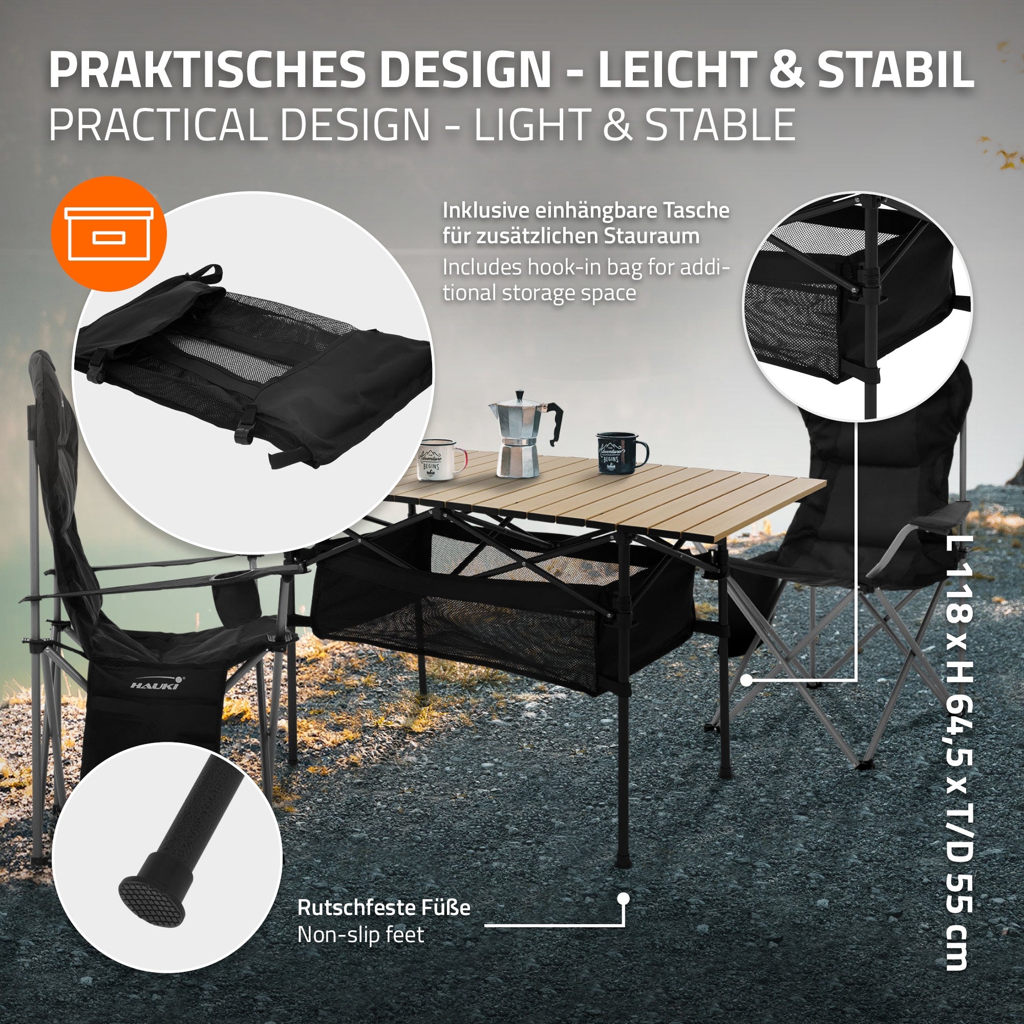 ECD Germany Hauki ensemble camping table + 2 chaises noir beige
