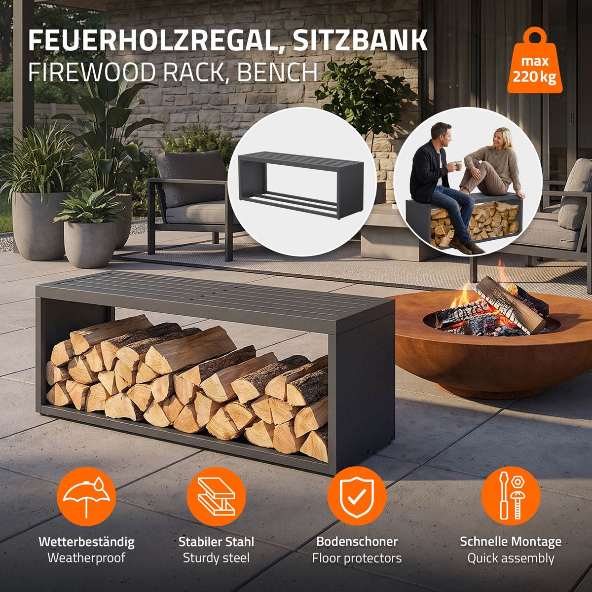 ECD Germany Garten Range-bûches banc acier anthracite 120 cm