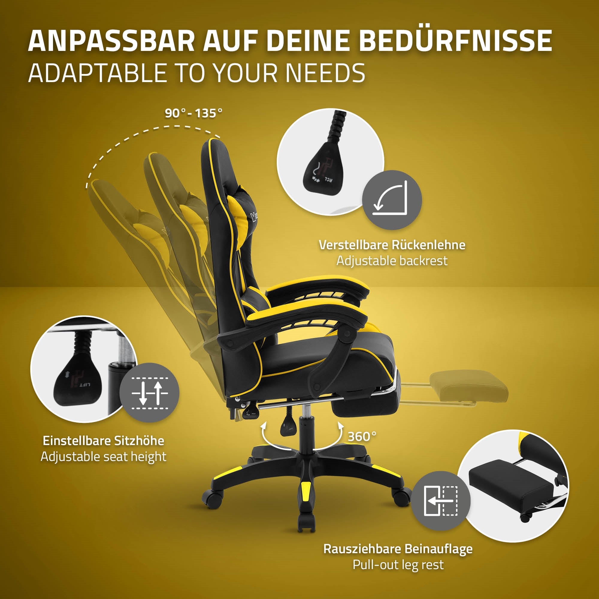 ECD Germany Möbel chaise gaming noir-jaune similicuir repose-pieds