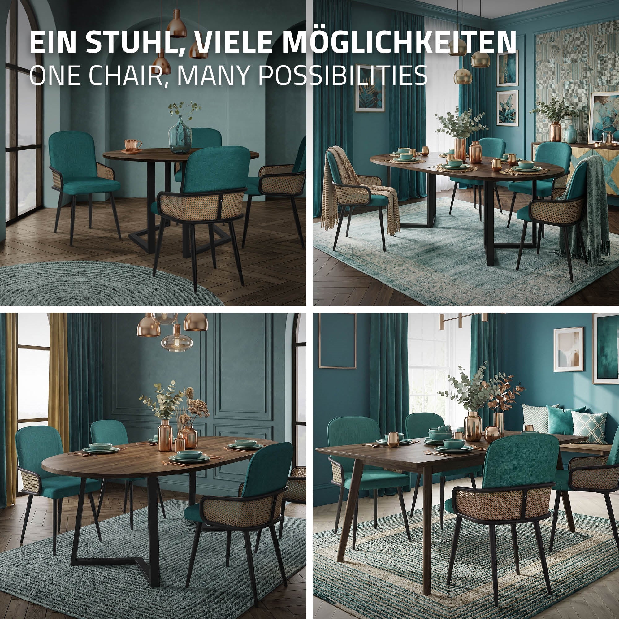 ECD Germany Möbel lot 2 chaises salle à manger pétrole accoudoirs rotin