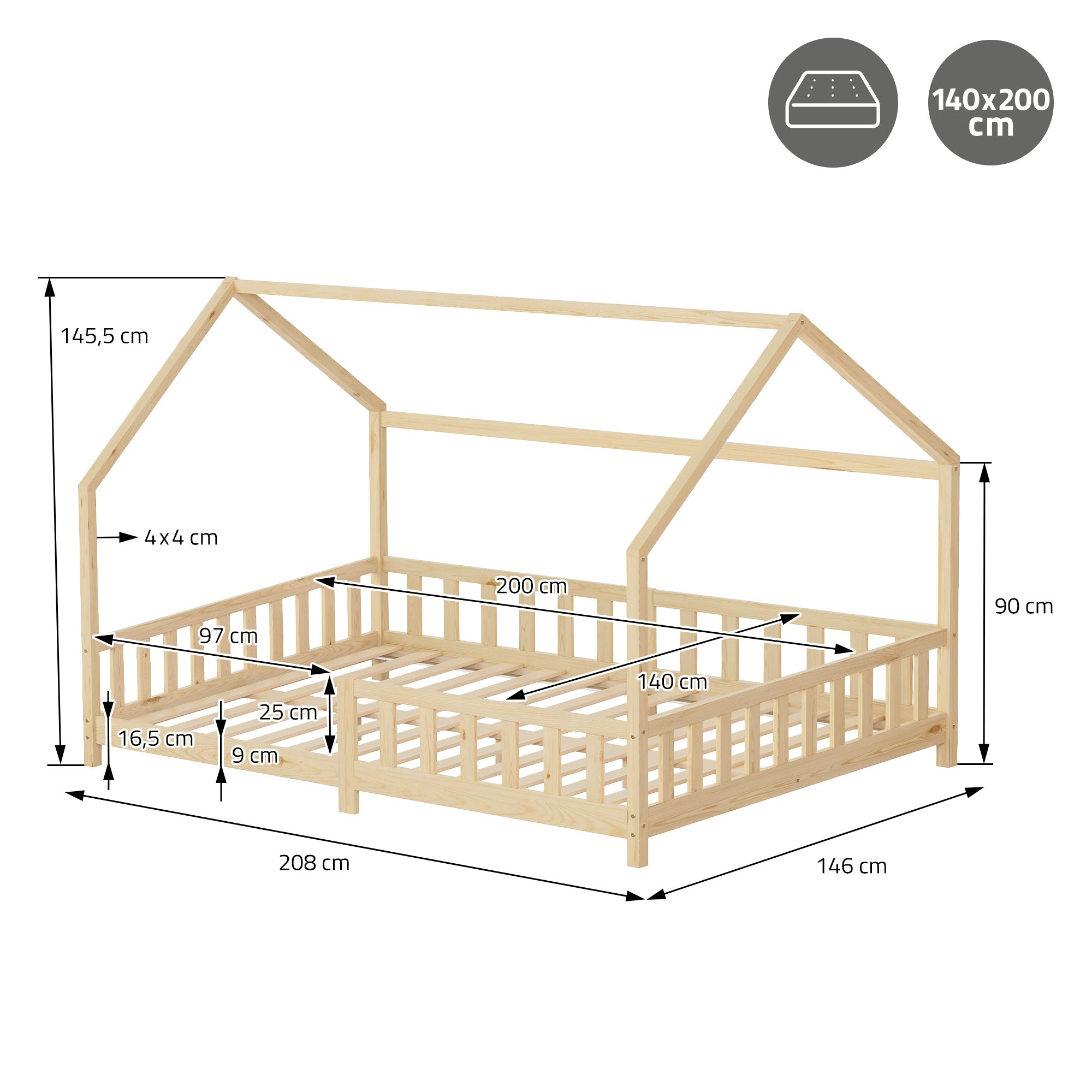 ECD Germany Lit cabane enfant 140x200 pin naturel barrière