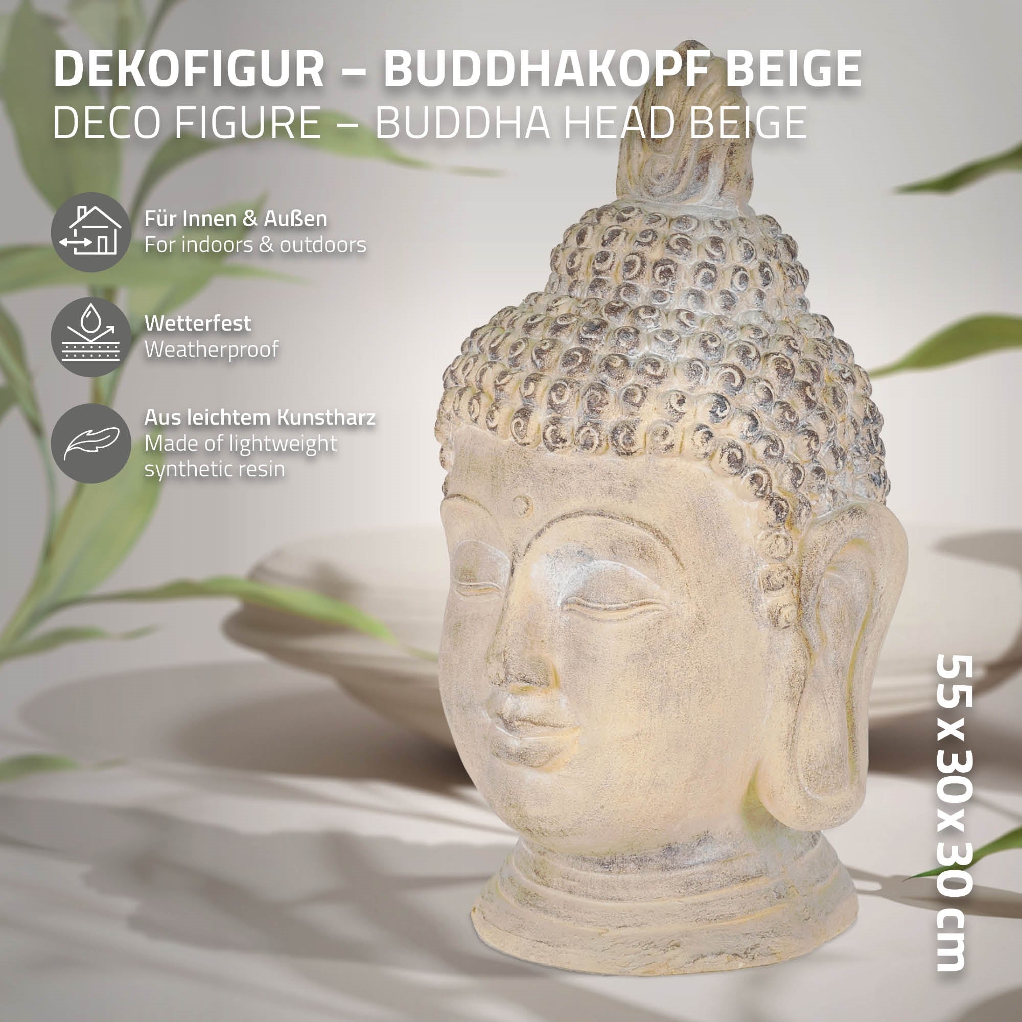 ECD Germany tête bouddha statue pierre 55 cm beige-gris