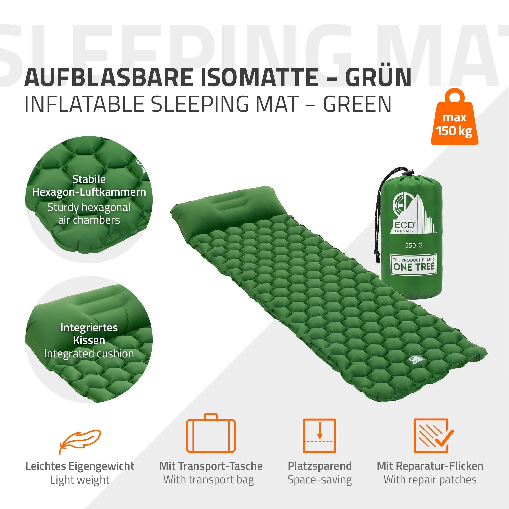 ECD Germany Matelas de camping gonflable gris oreiller intégré