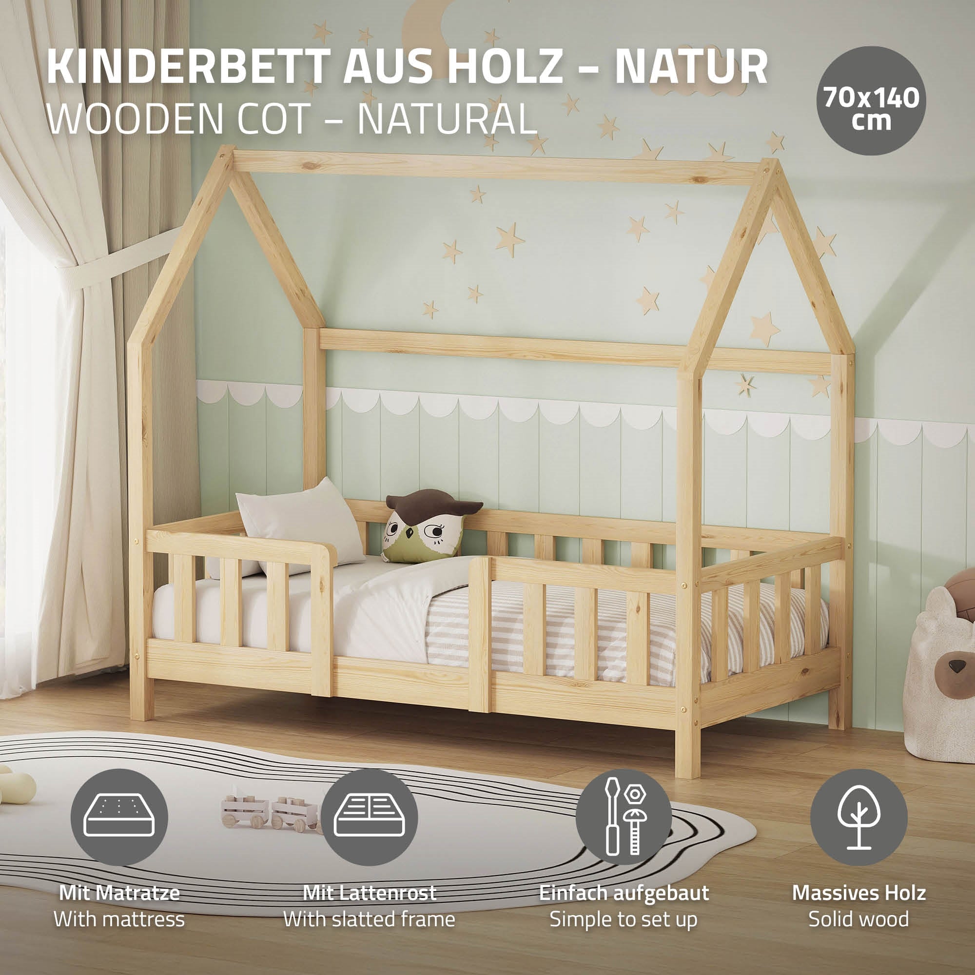 ECD Germany Kinder lit cabane 70x140 cm naturel avec matelas