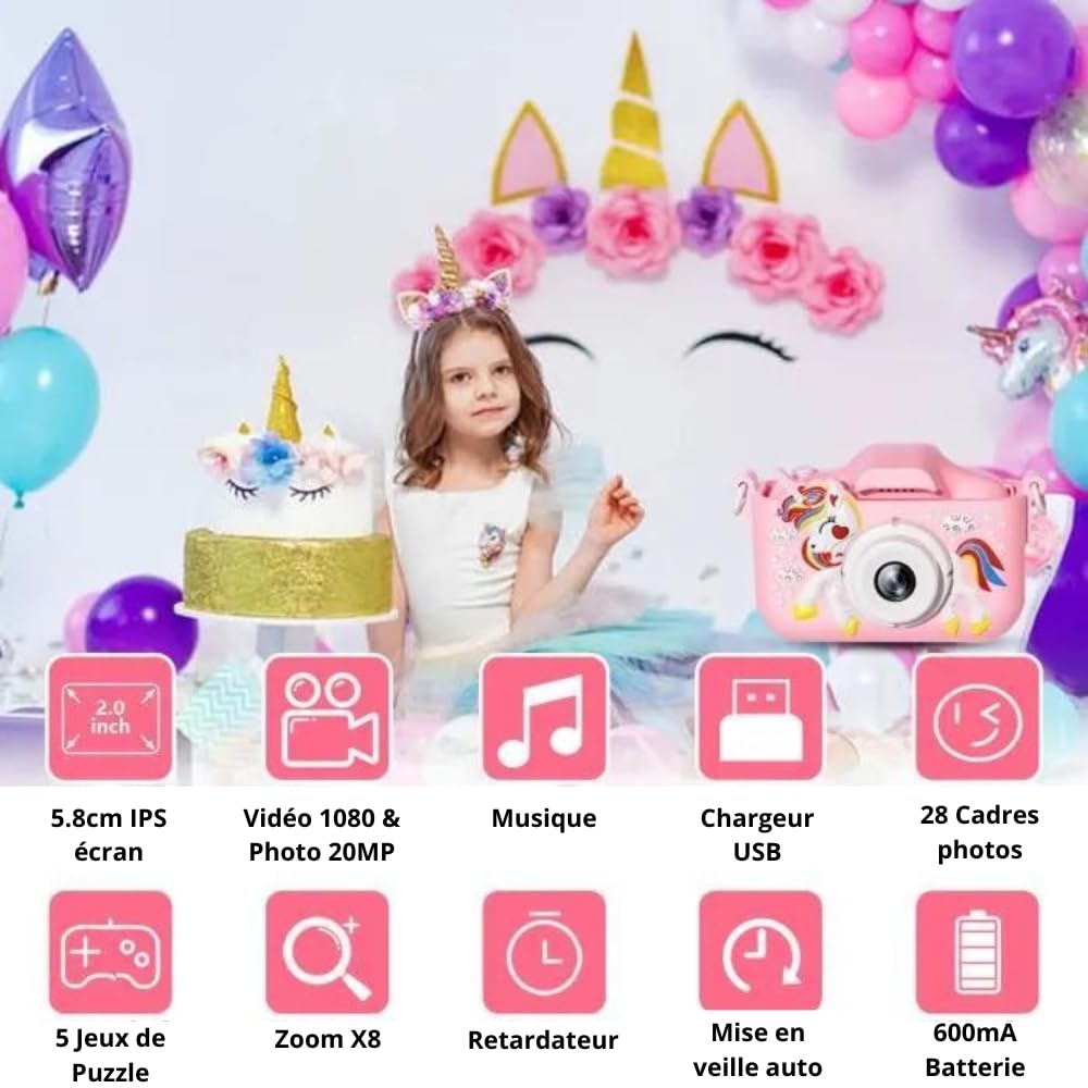 UNICAM Appareil Photo Enfant Licorne Rose 20MP 1080P