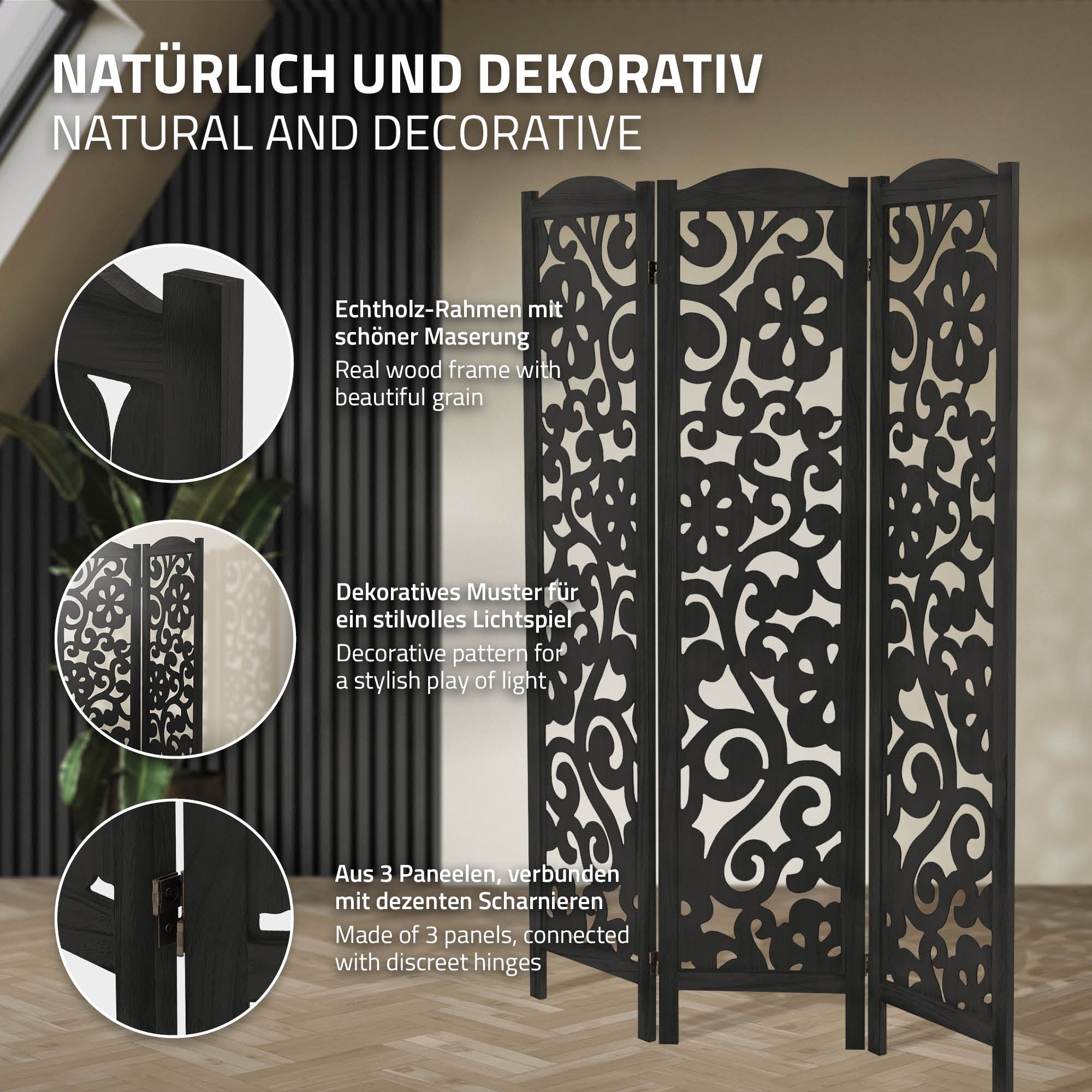 ECD Germany Möbel paravent Yokohama 3 panneaux noir 172x121 cm