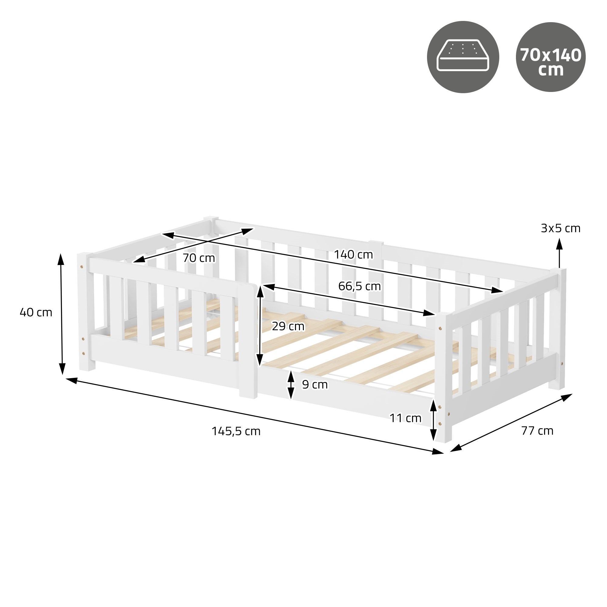 ECD Germany Kinder lit enfant 70x140 blanc avec barrière