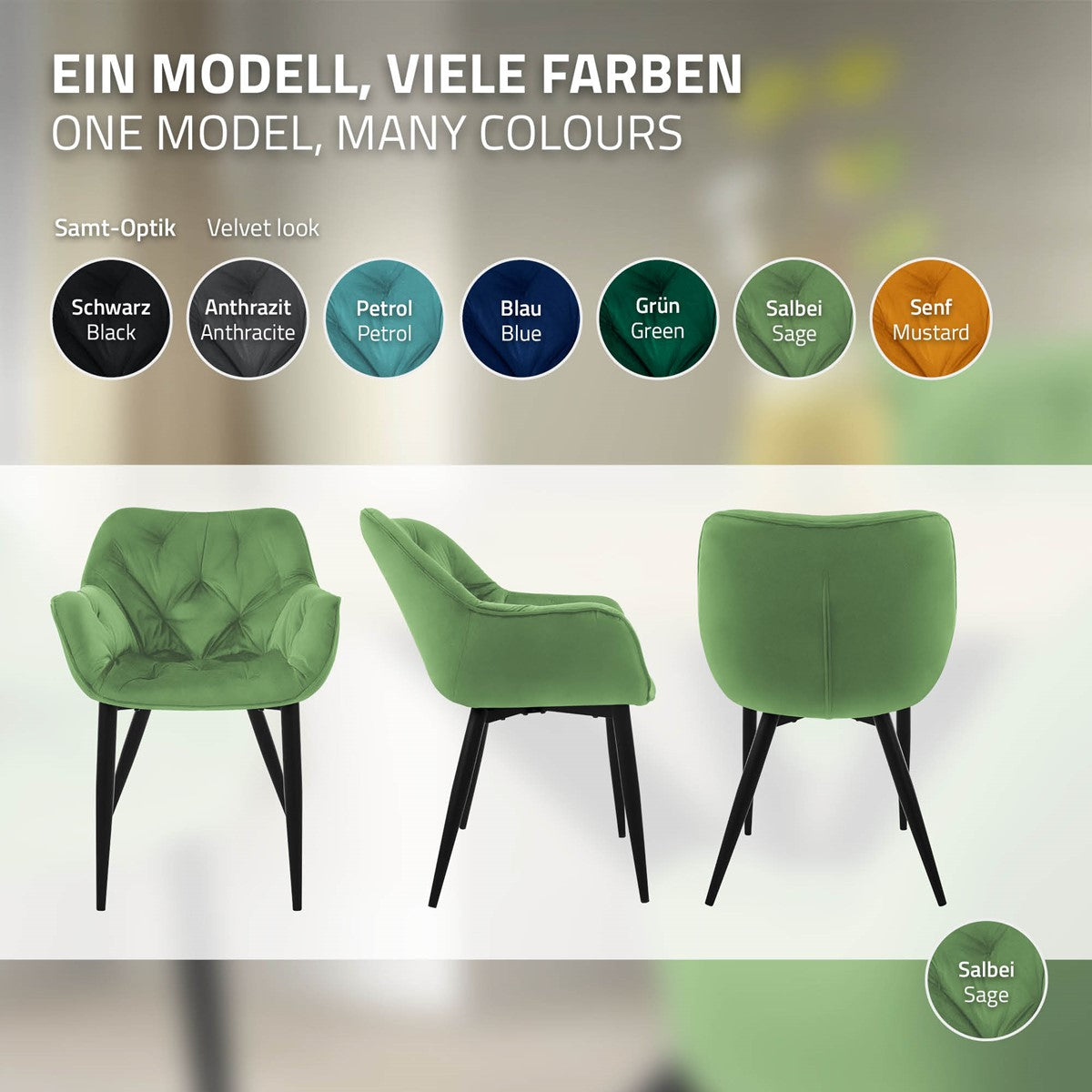 ECD Germany Chaise salle à manger Sauge Velours Lot de 2 Matelassée