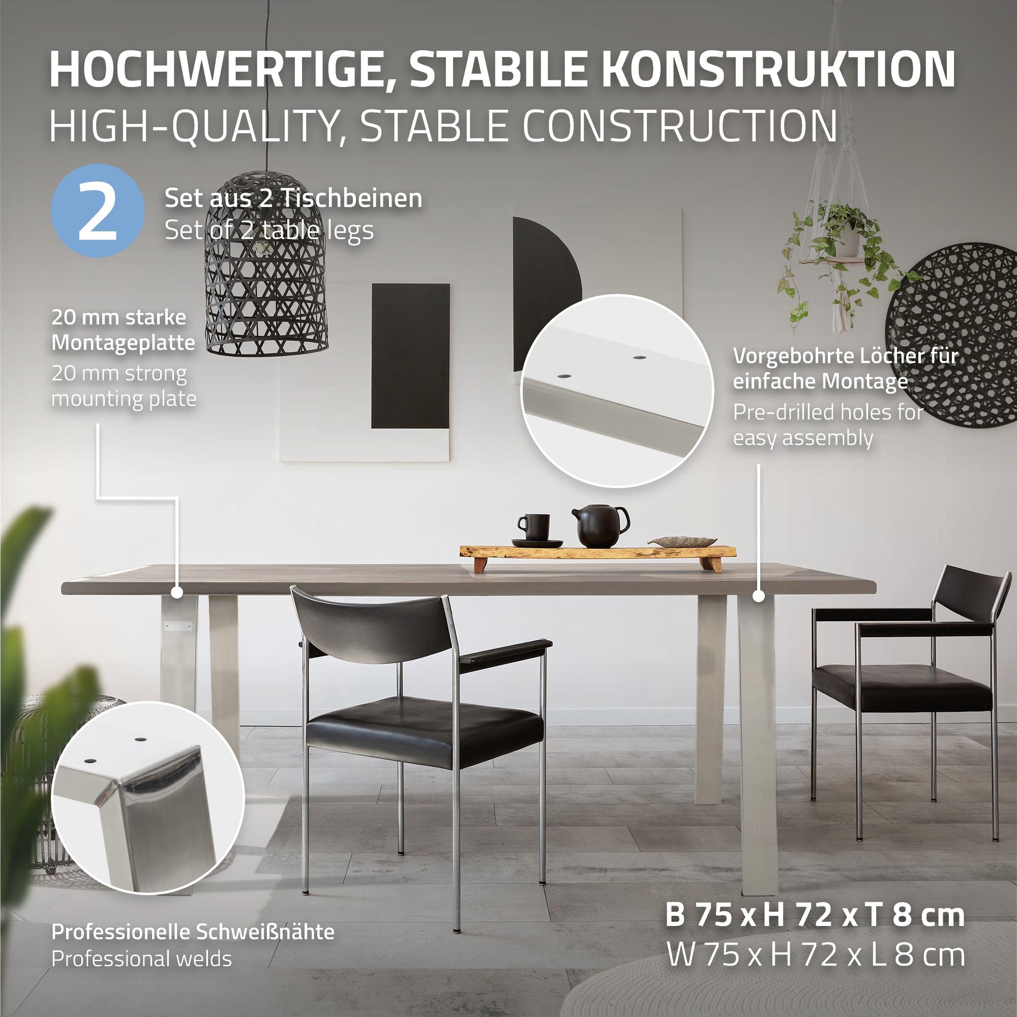 ECD Germany ML-Design pieds de table 72 cm argent lot de 2 acier