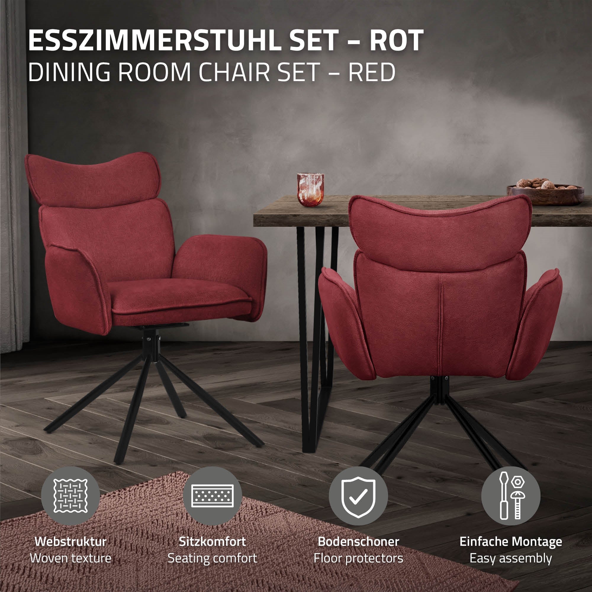 ECD Germany Möbel lot 4 chaises pivotantes rouge 360° tissu