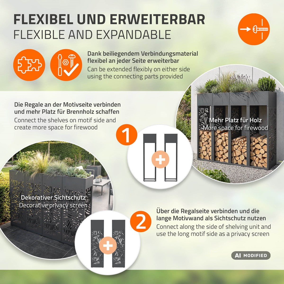 ECD Germany Garten range-bûches 30x111 cm anthracite feuilles