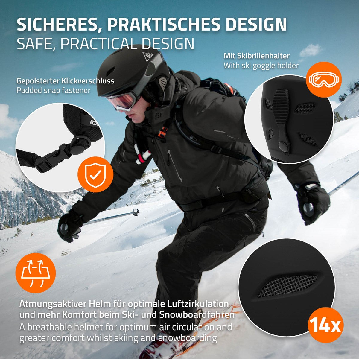 ECD Germany casque ski S 51-54 cm noir ventilation snowboard