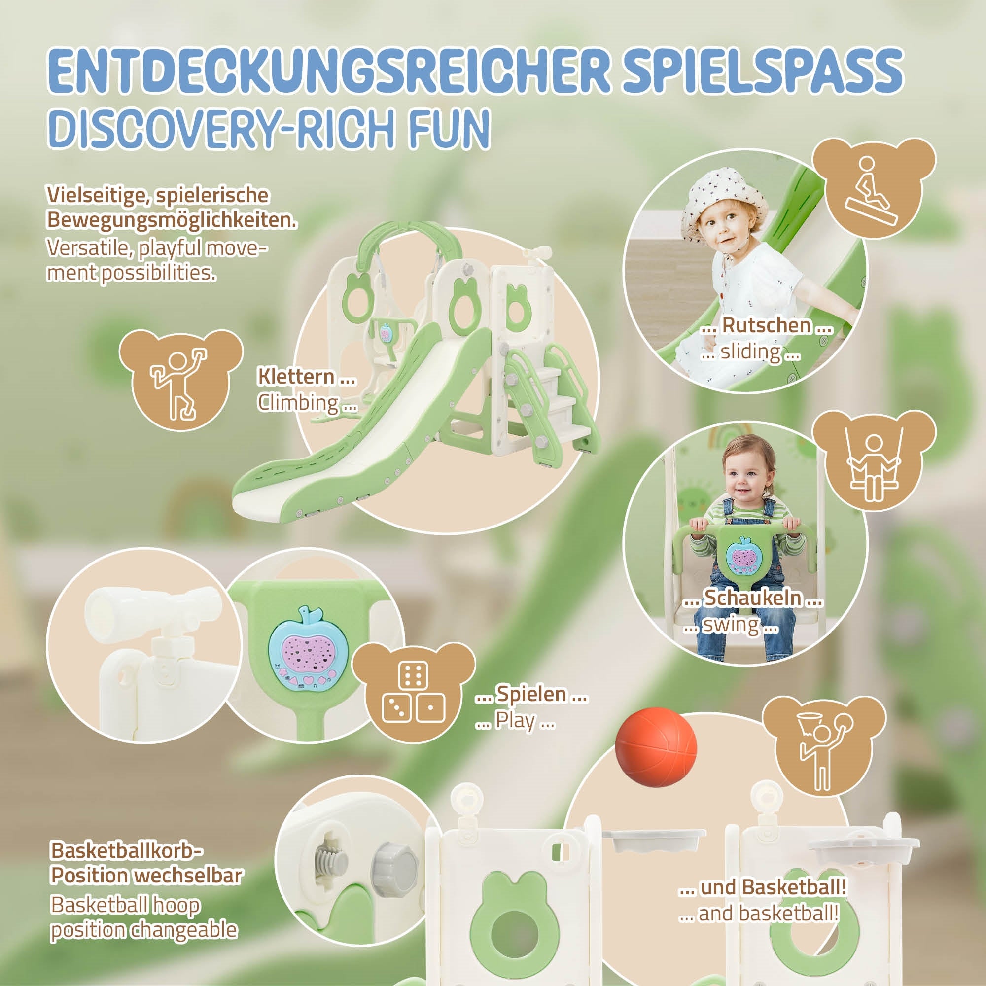 ECD Germany Kinder toboggan balançoire 5en1 vert clair