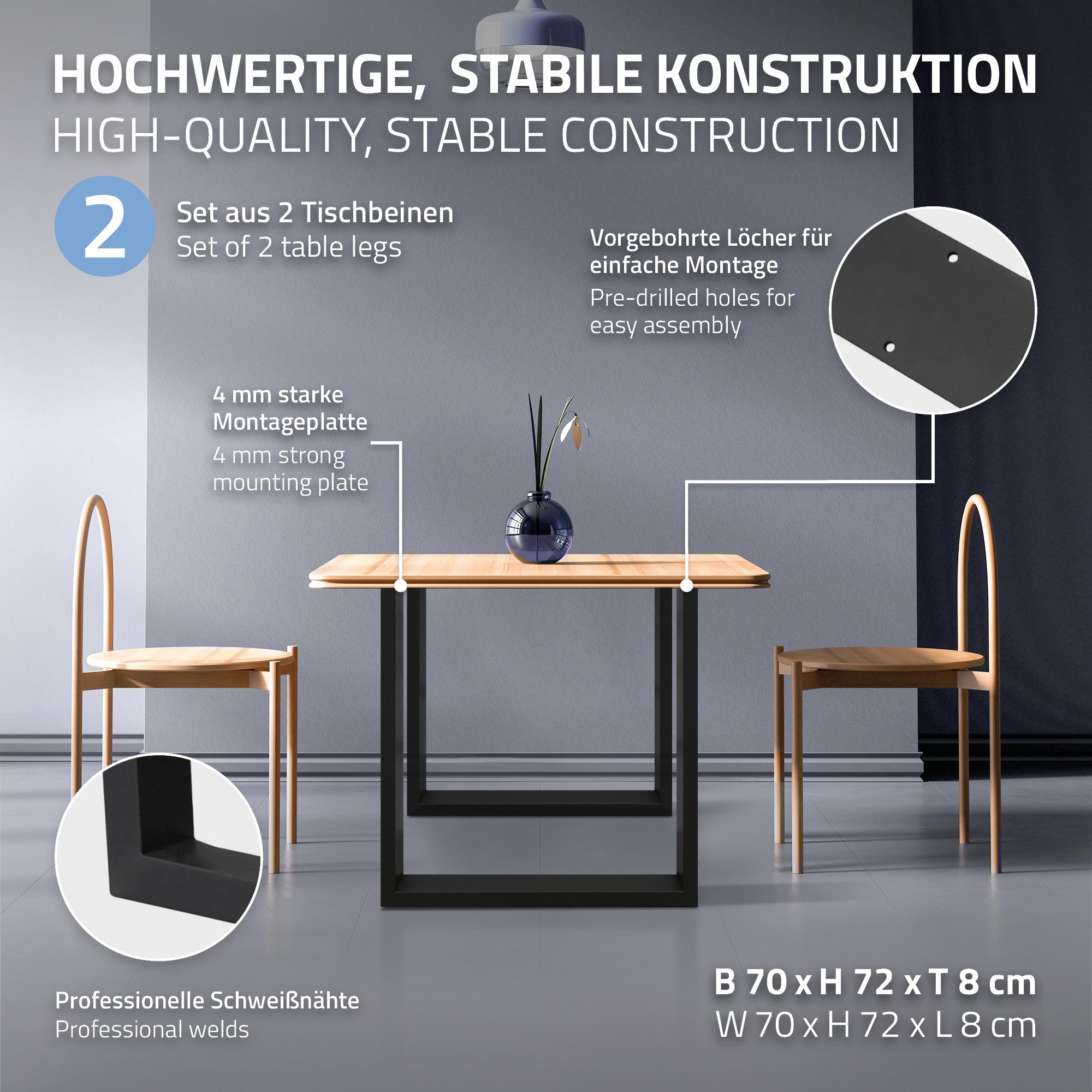 ECD Germany Möbel pieds de table 70x72 cm noir acier lot de 2