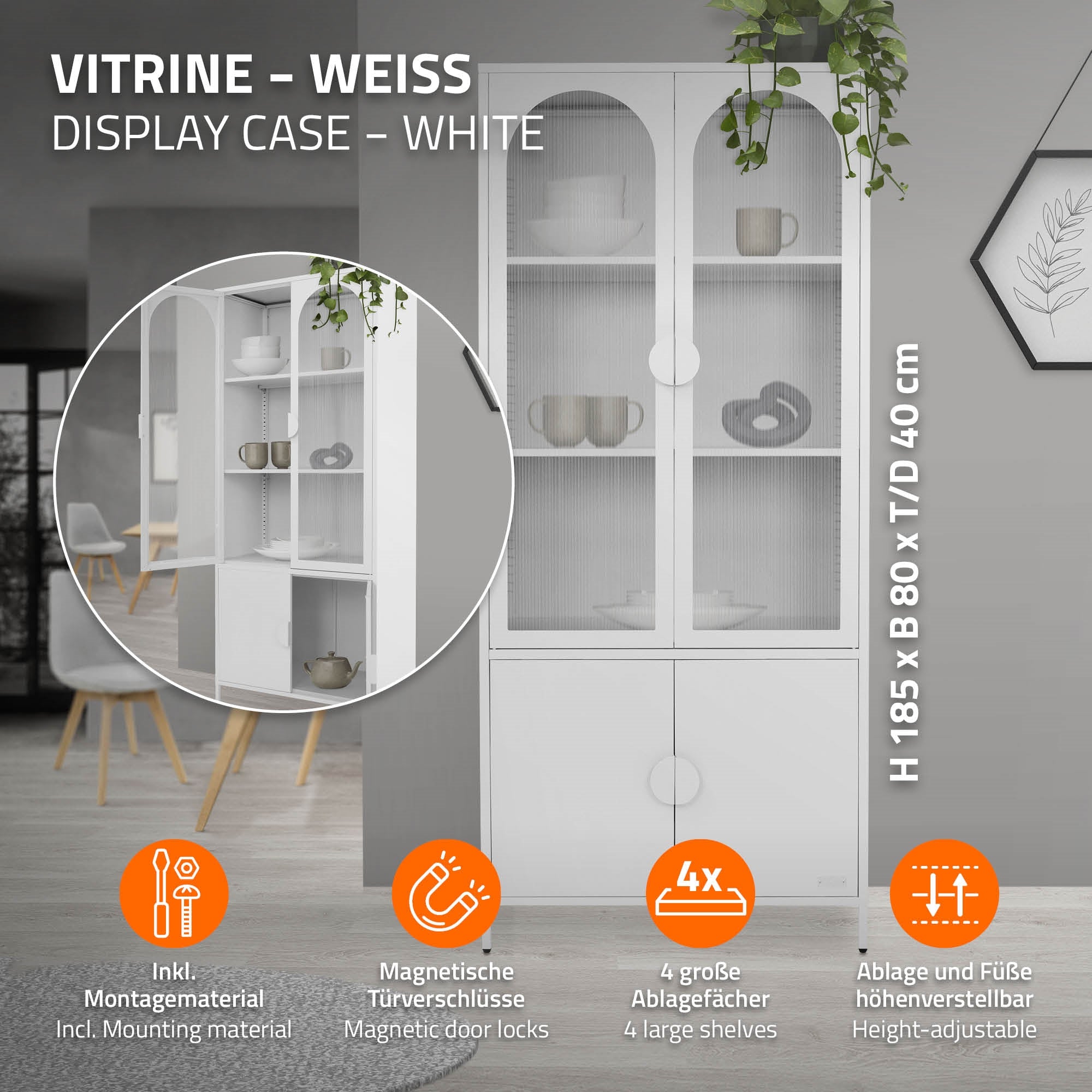 ECD Germany Möbel armoire vitrine 80x185 cm blanche acier