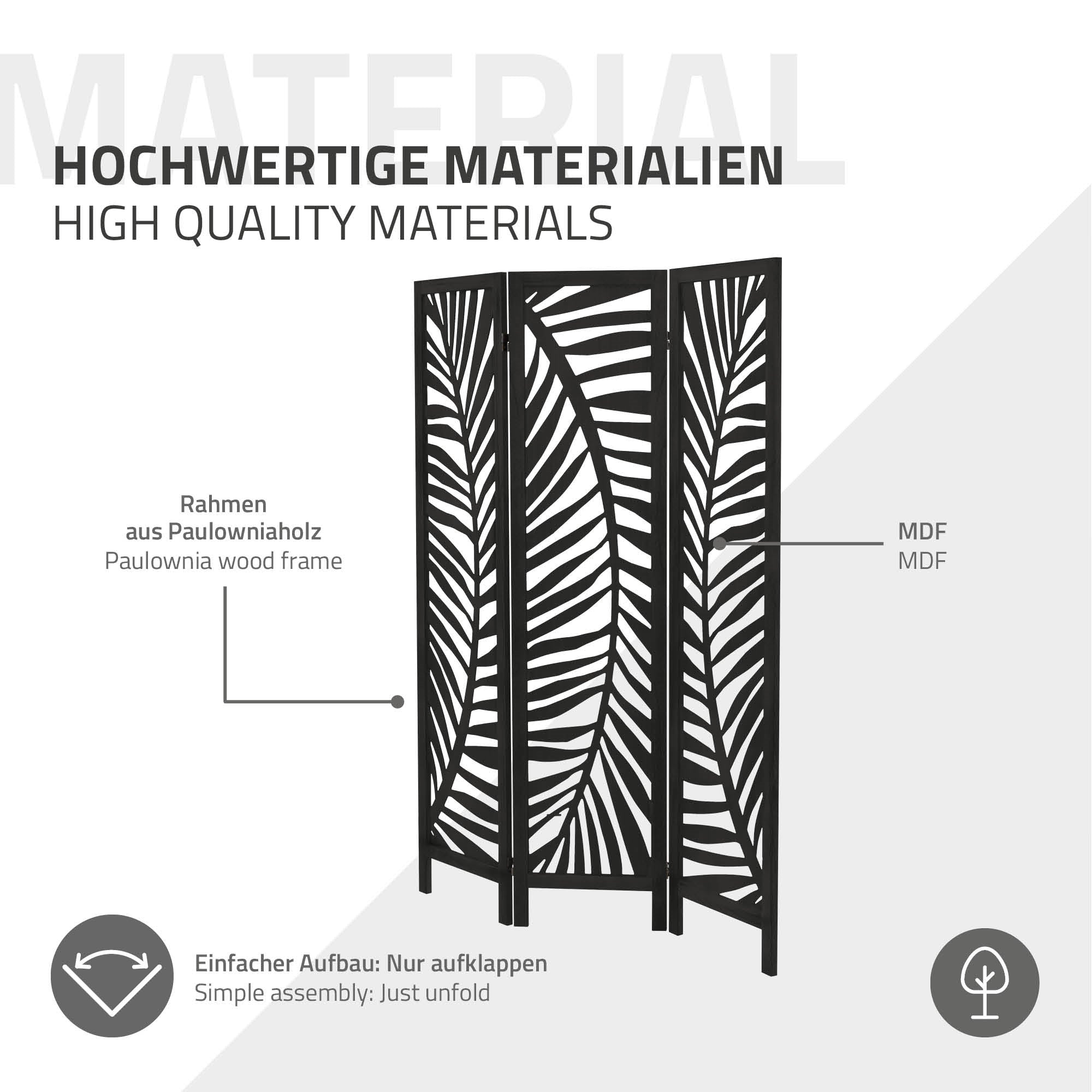 ECD Germany Fukuoka paravent 3 panneaux noir 170x121 cm bois