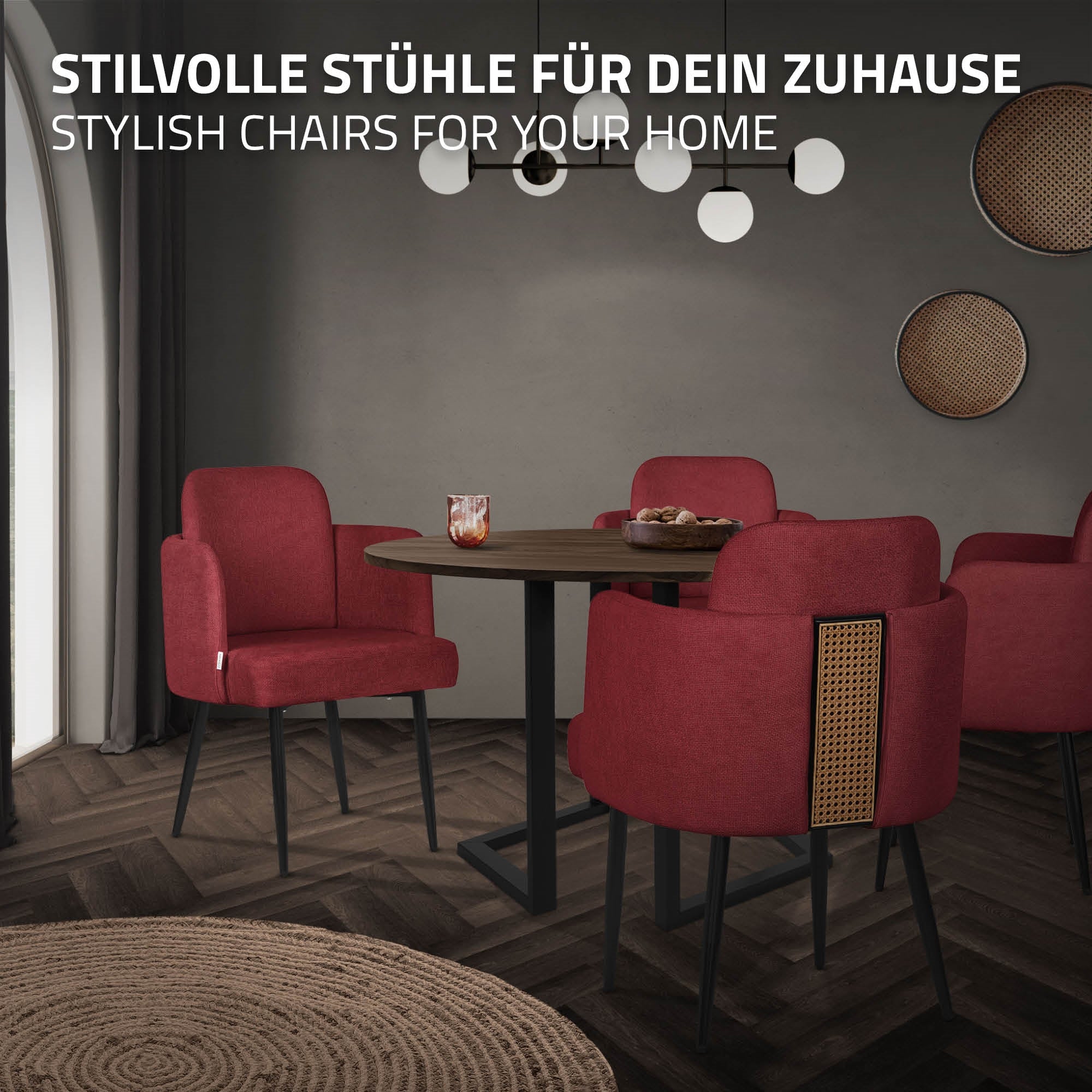 ECD Germany chaise salle à manger rouge accoudoirs pieds métal