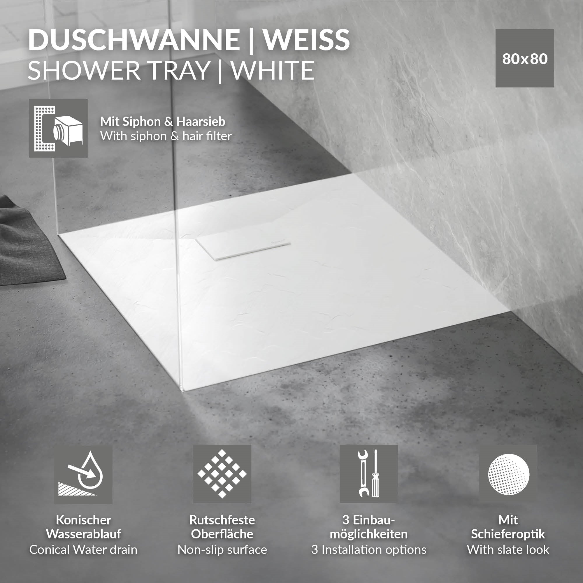 ECD Germany Sanitär receveur de douche 80x80 cm blanc extra-plat
