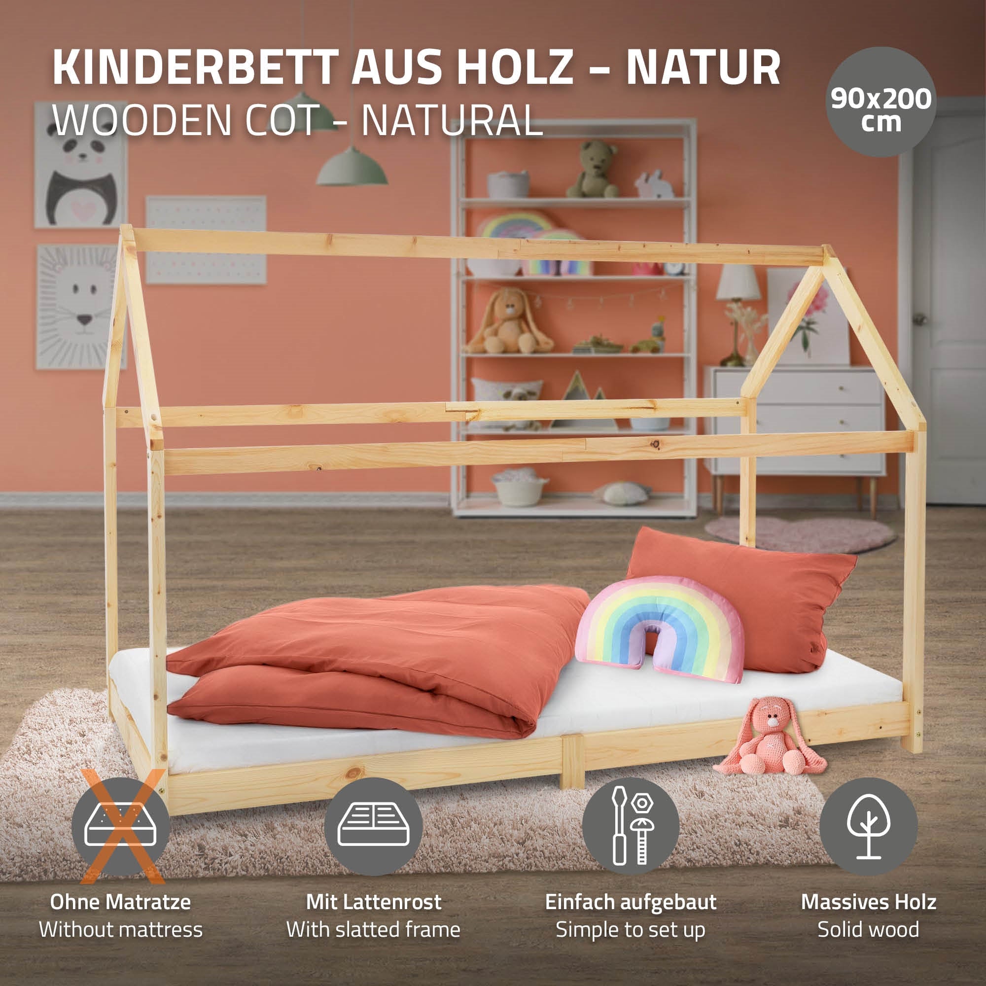 ECD Germany Kinder lit cabane 90x200 pin avec toit