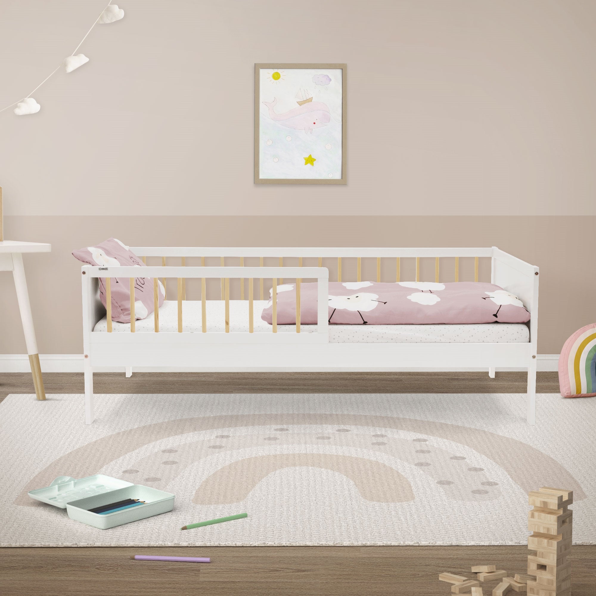 ECD Germany Kinder lit enfant 80x160 pin blanc sommier barrière