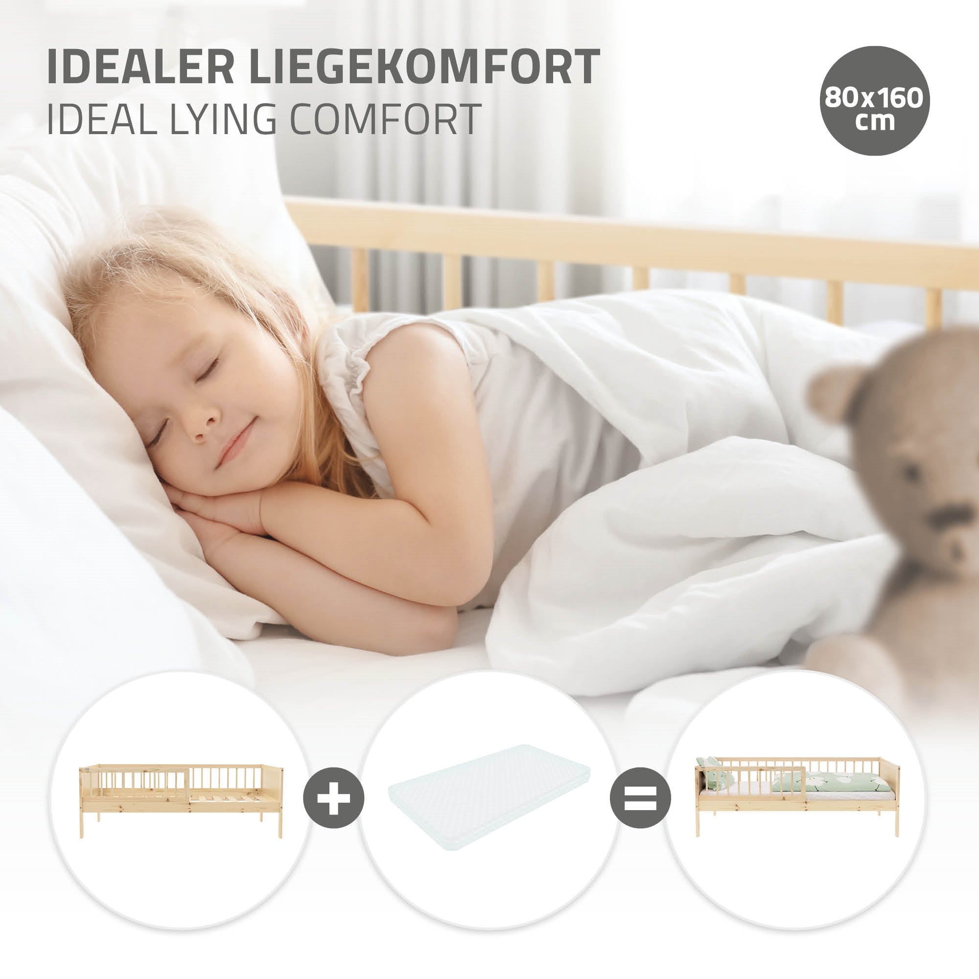 ECD Kinder lit enfant 80x160 cm pin naturel sommier barrière