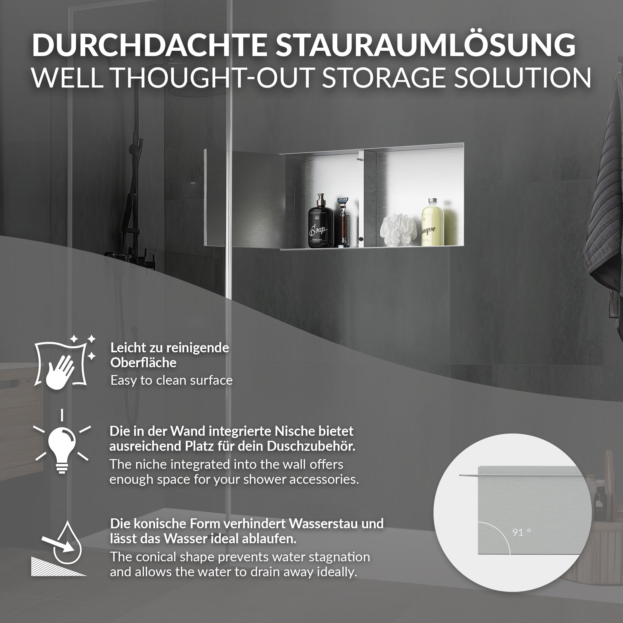 ECD Germany Sanitär niche douche inox 60x30x10 argent porte