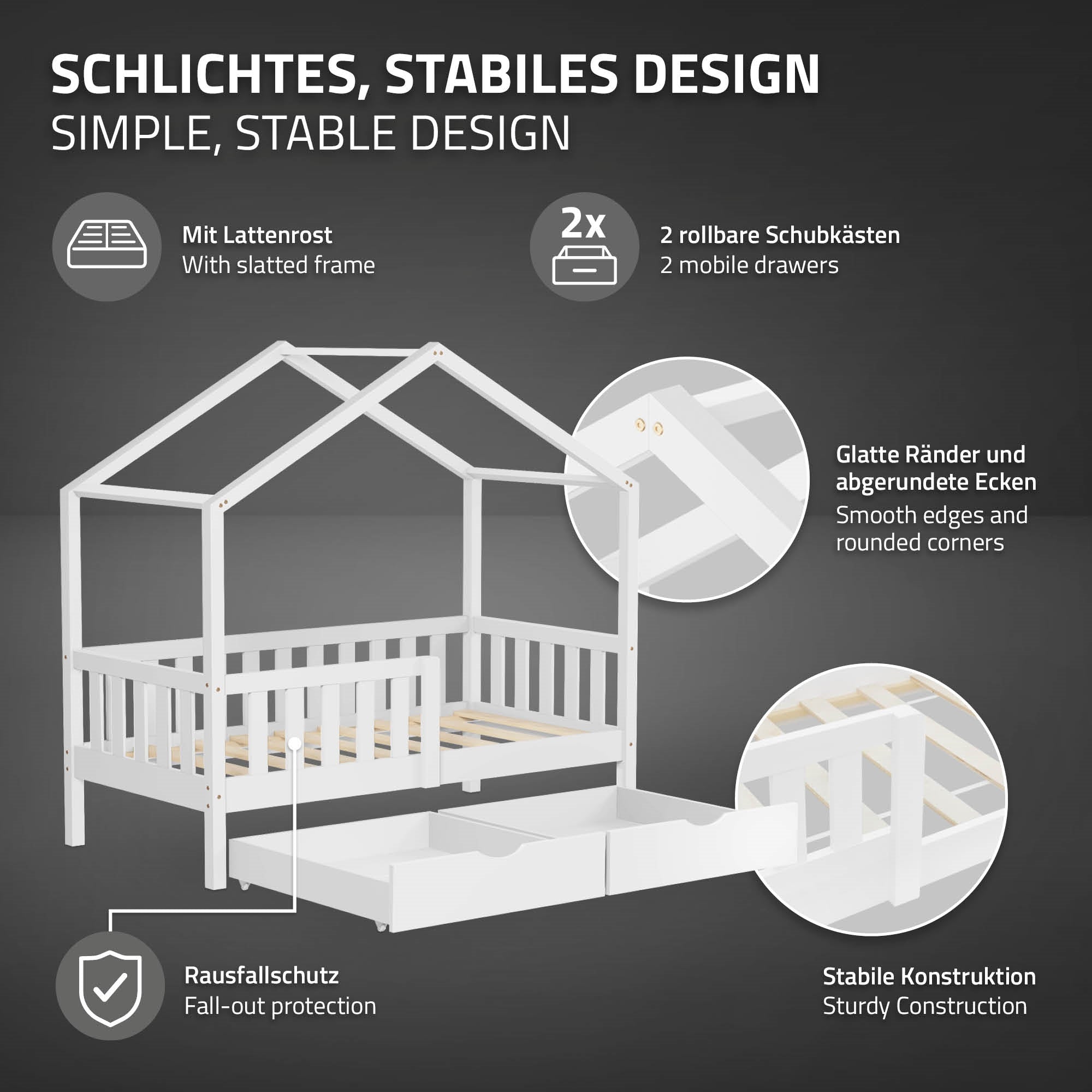 ECD Germany Kinder Lit cabane 70x140 blanc pin 2 tiroirs sans matelas