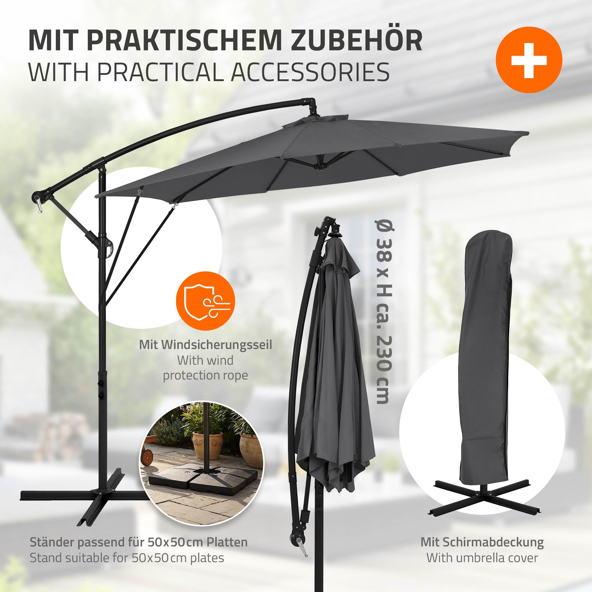 ECD Germany ML parasol déporté anthracite Ø 300 cm alu sans LED