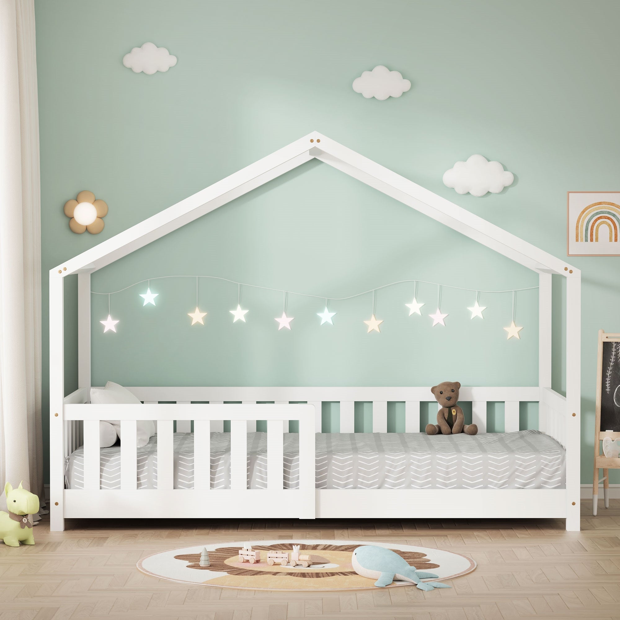 ECD Germany Kinder lit cabane 80x160 cm blanc avec sommier