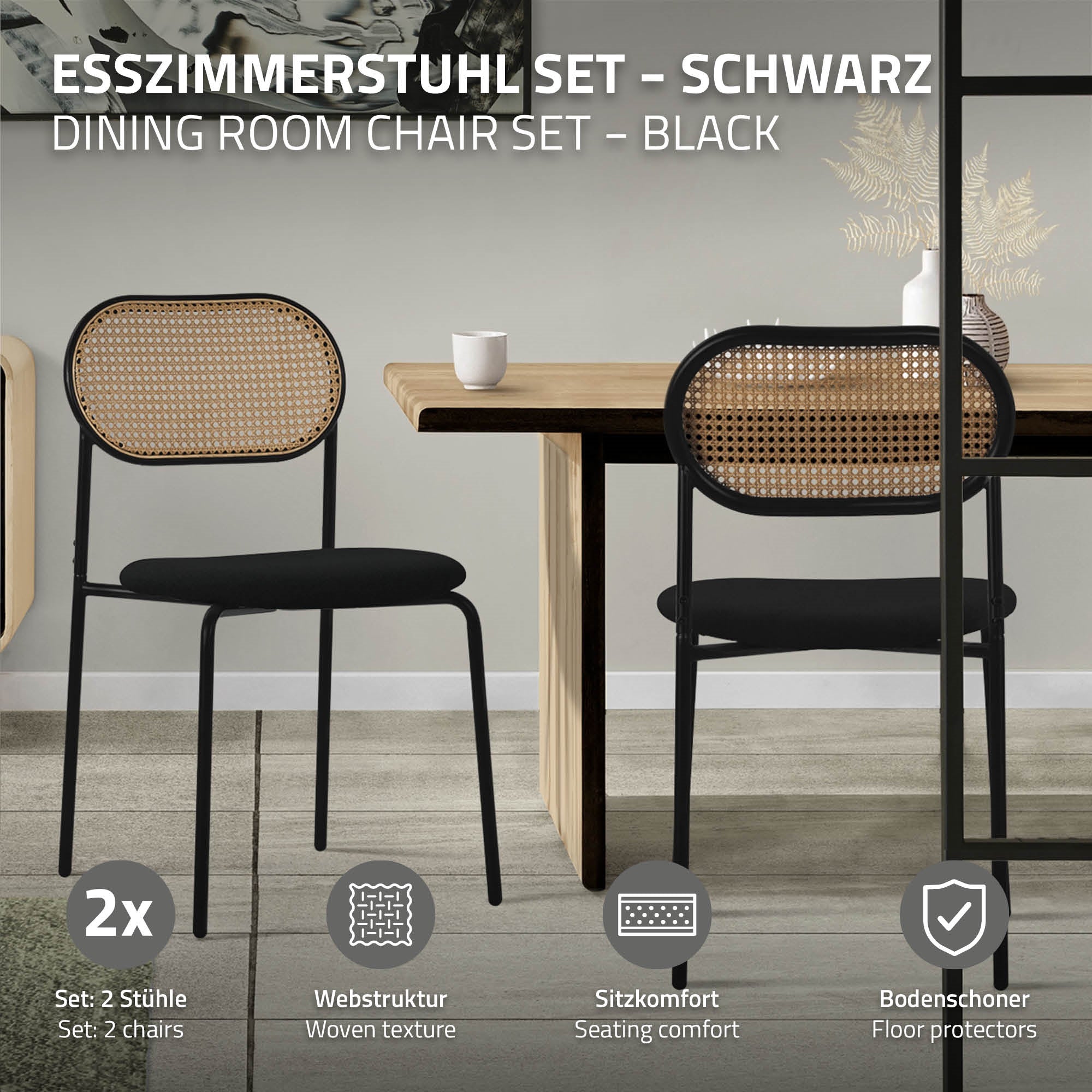 ECD Germany Möbel lot 2 chaises noires rotin 46 cm