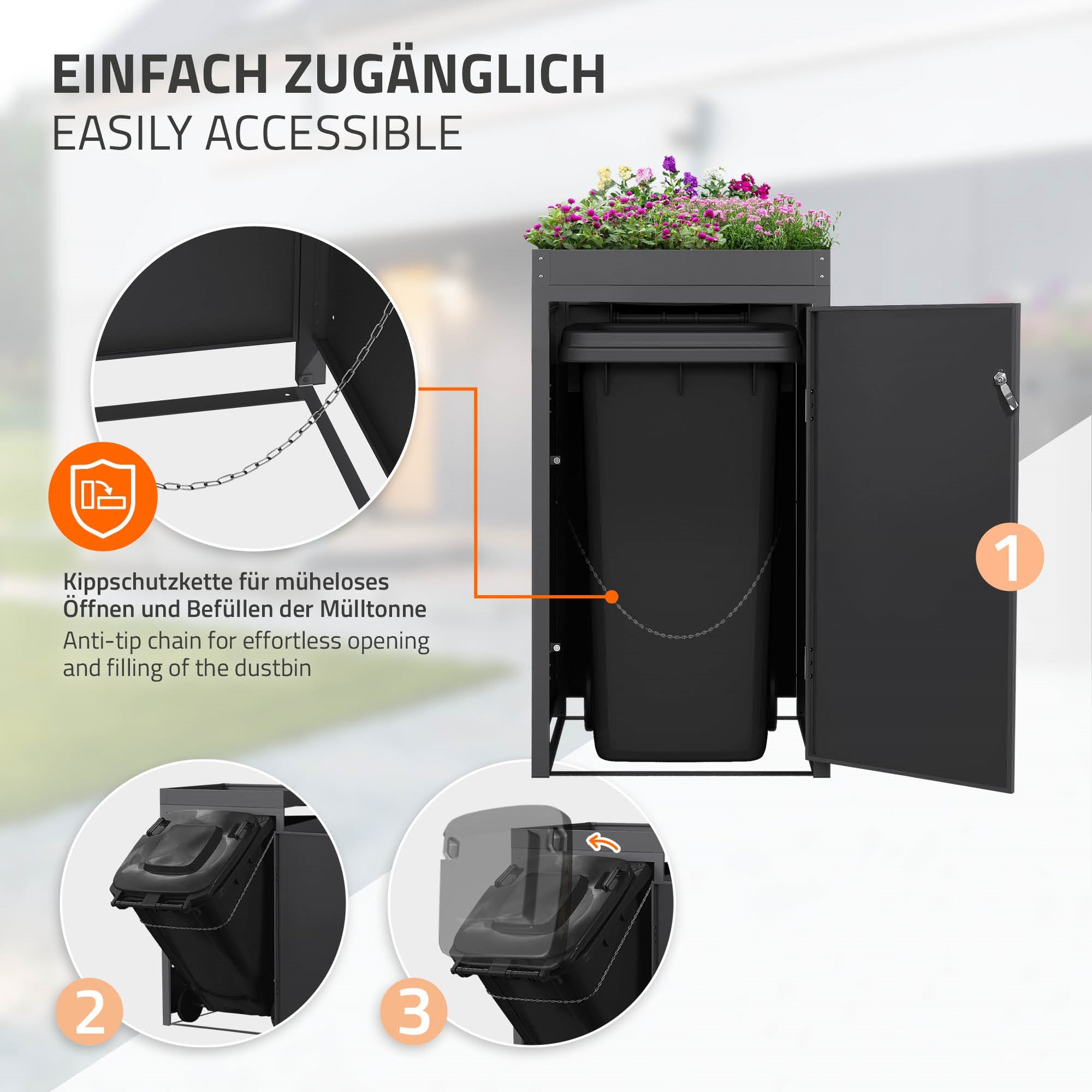ECD Germany Garten cache poubelle 3x240L anthracite toit plantes