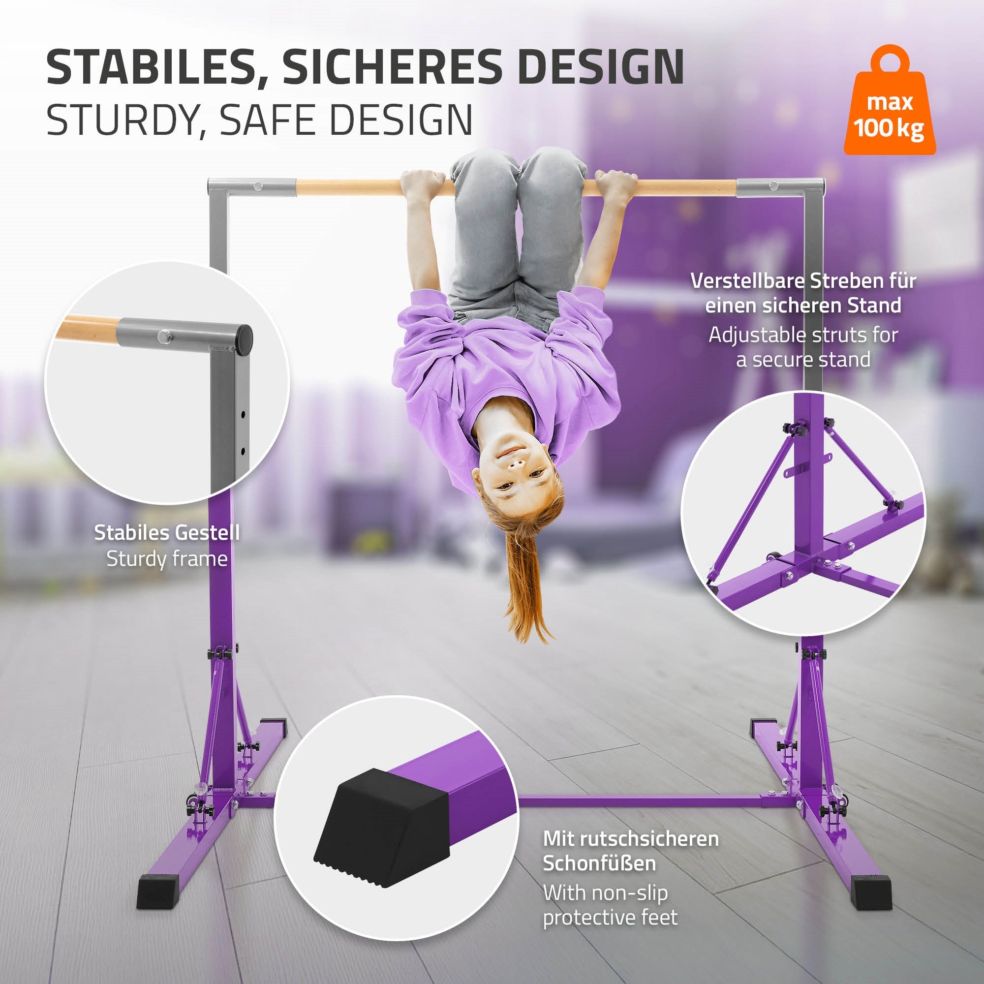 ECD Germany Hauki Barre de Gym Enfant Violet Pliable 150 cm