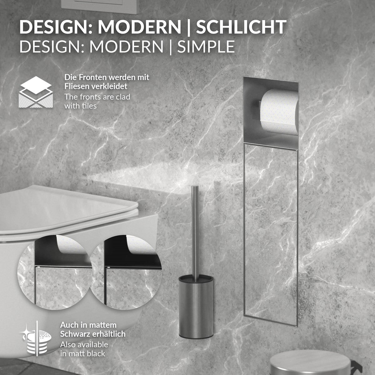 LuxeBath module WC encastré inox carrelable 60x20 cm noir