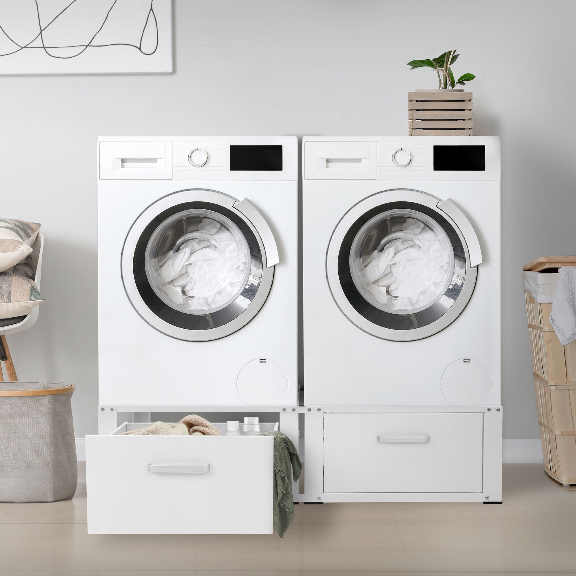 ECD Germany Möbel Socle Lave-Linge Blanc Double 2 Tiroirs