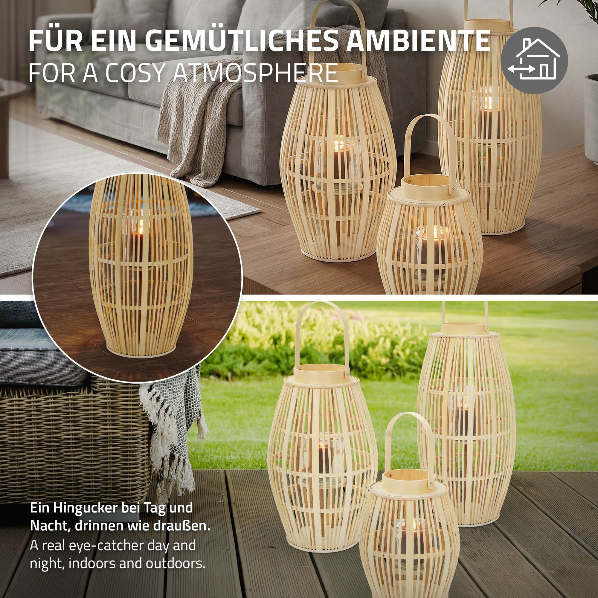 ECD Germany lanterne bambou ovale verre anse nature/gris