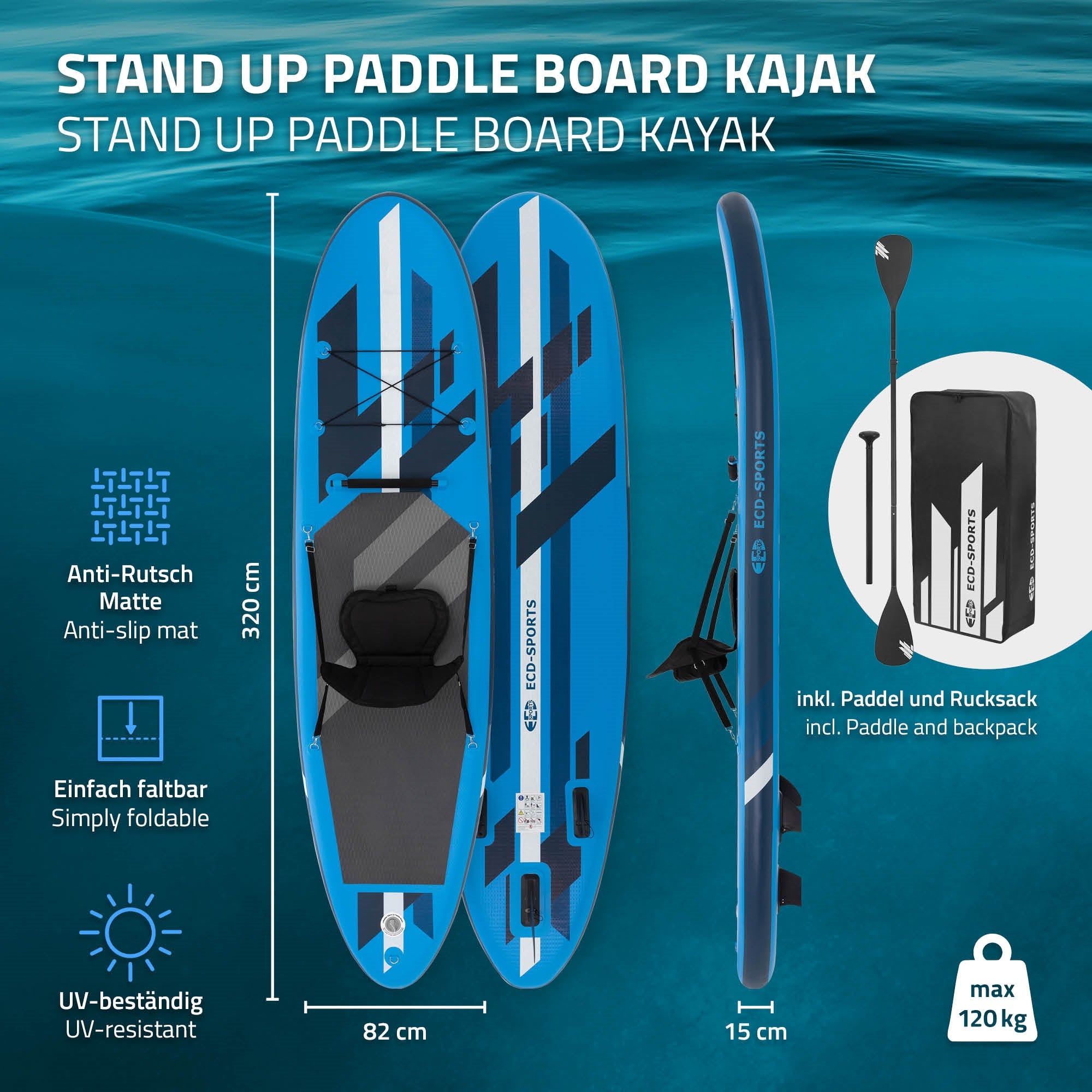 ECD Germany Paddle gonflable SUP 320 cm bleu PVC siège kayak
